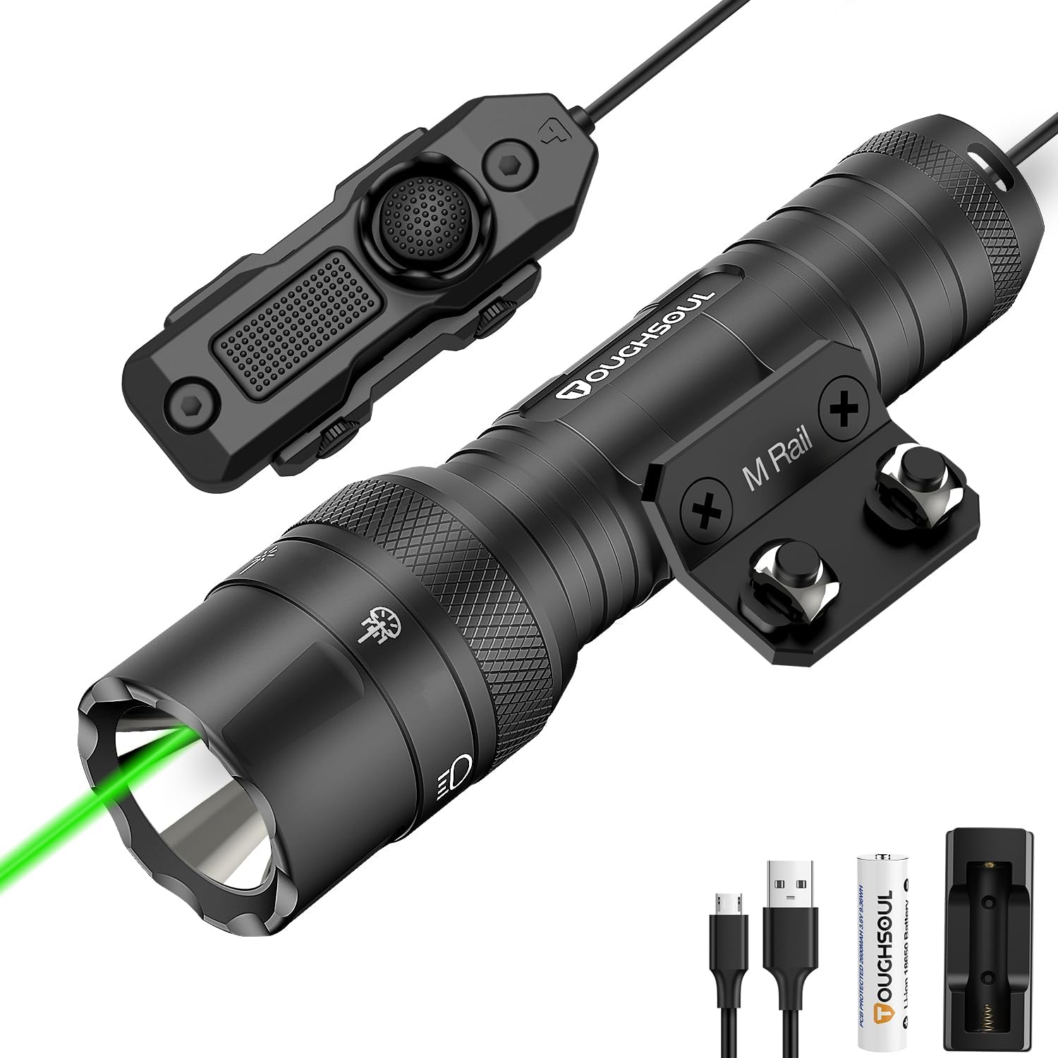 TOUGHSOUL Mlok Green Laser Tactical Flashlight 1250 Lumens, Rechargeable Flashlight with Remote Pressure Switch LED Light with Rechargeable Batteries and Charger Included (Mlok-Light+Laser)