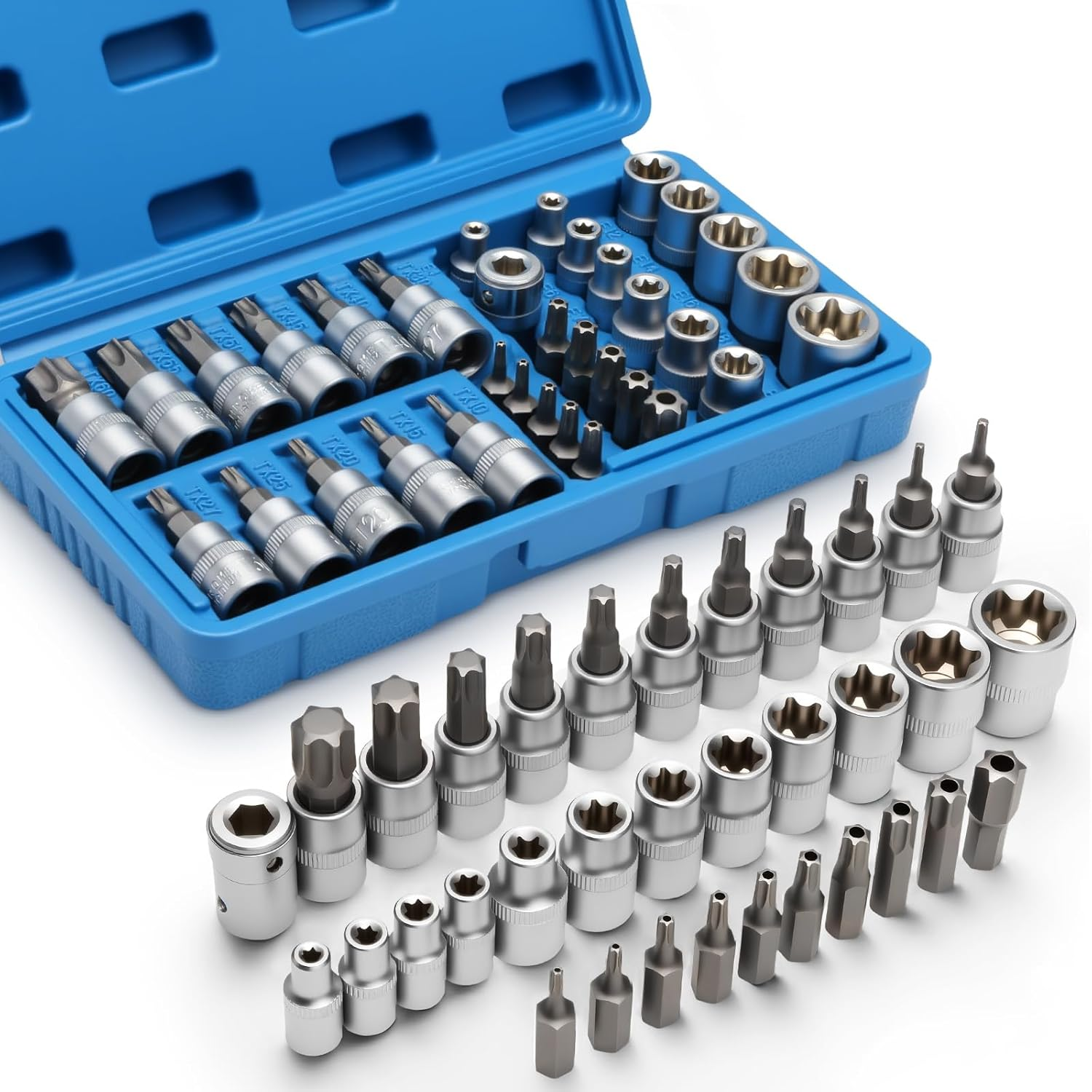 34-Piece 3/8'' Drive Torx Star Bit Sockets CR-V E-Socket Set, E4-20, T10-60, Tamper Proof Set TT10-TT55, 5/16