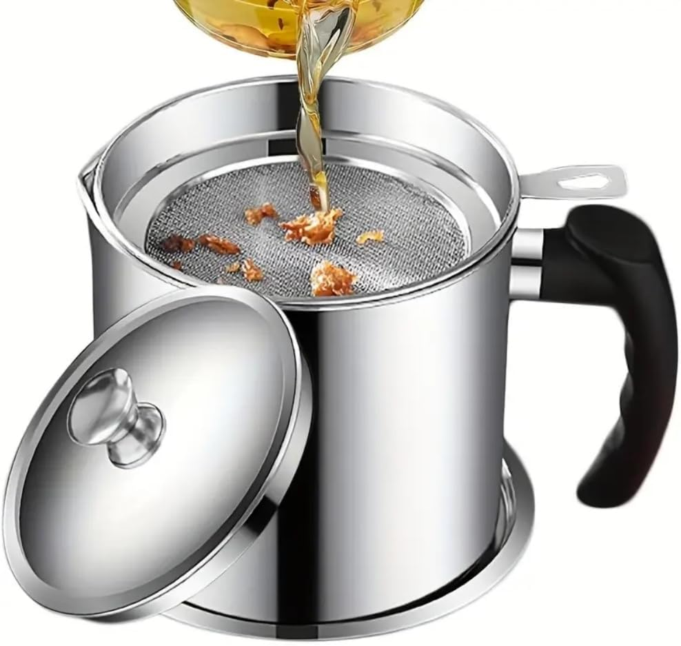 Bacon Grease Container with Strainer & Lid, 43Oz Stainless Steel Grease Saver for Kitchen, Leakproof Oil Keeper with Non-Slip Handle, Fry Fat Storage Organizer for Cooking Oil/Grease