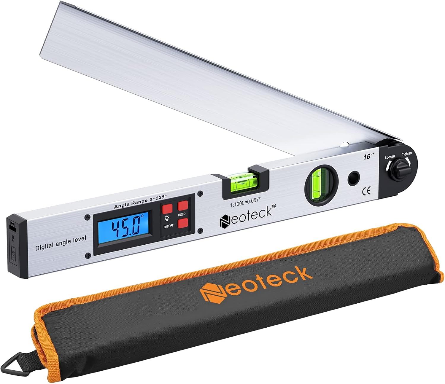 Aluminum Digital Angle Finder Protractor 225° 16 Inch Backlit LCD Digital with Horizontal and Vertical Bubble - Silver