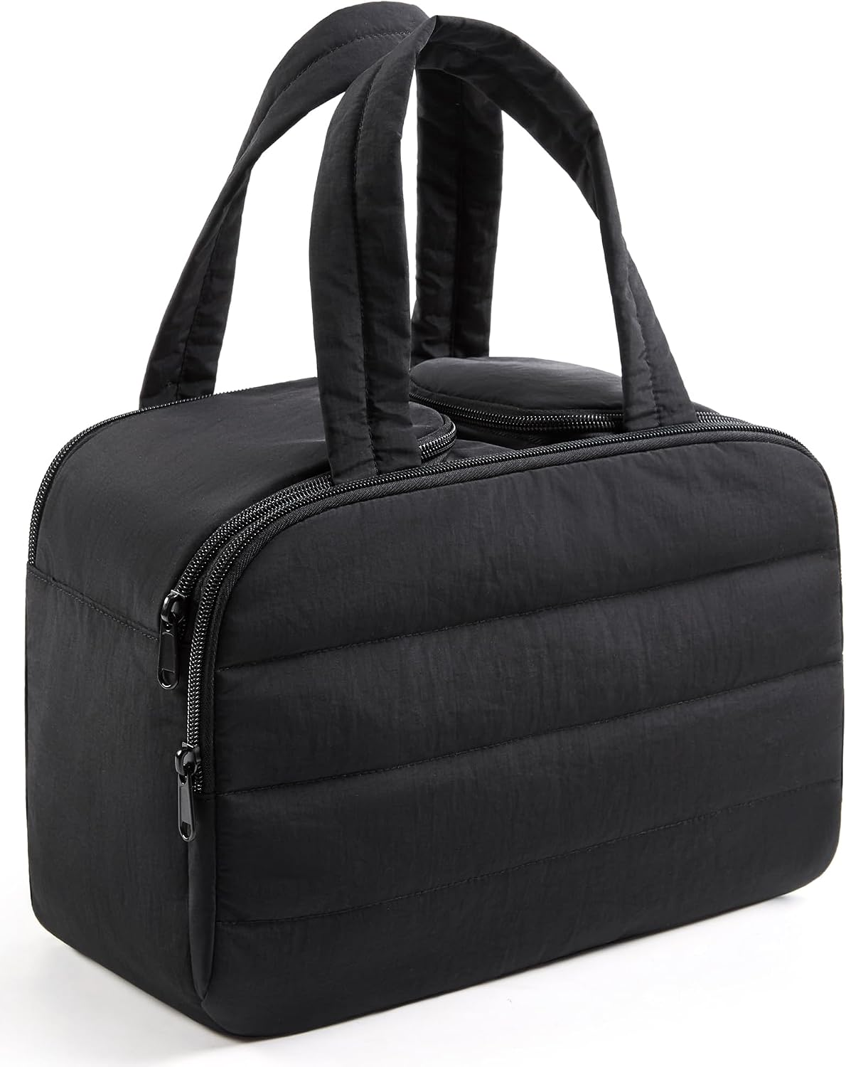 LIGHT FLIGHT Travel Toiletry Bag, Quilted Travel Makeup Cosmetic Bag Organizer, Toiletry Bags for Traveling Women, Make up Bag with Handle, Black