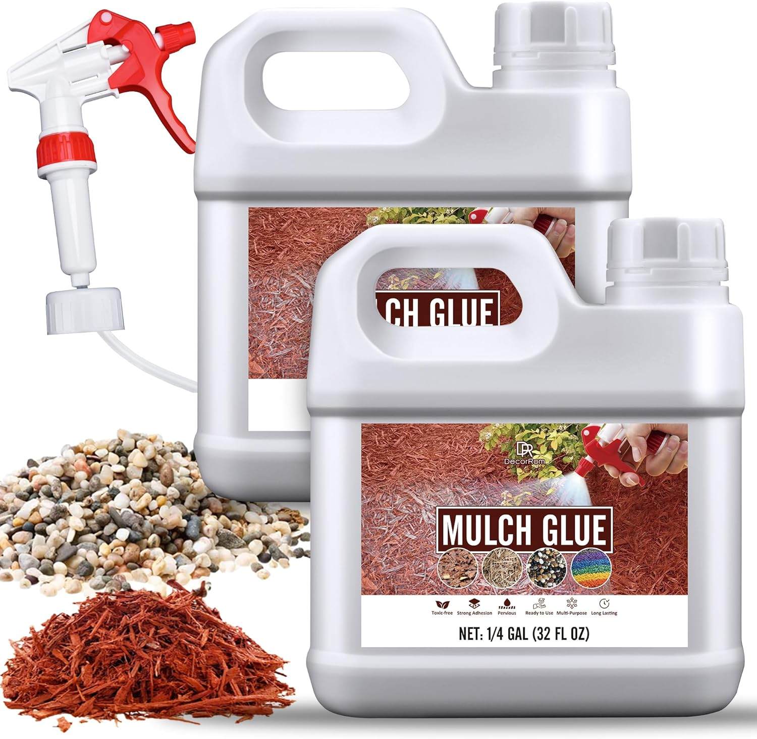 Mulch Glue - 64Oz / 0.5 Gallon Landscape Adhesive Gravel Binder Glue with Applicator for Landscaping Concentrate Covers, Garden - Ready to Use Non Toxic Mulch Stabilizer for Pea Gravel, Stones, Bark
