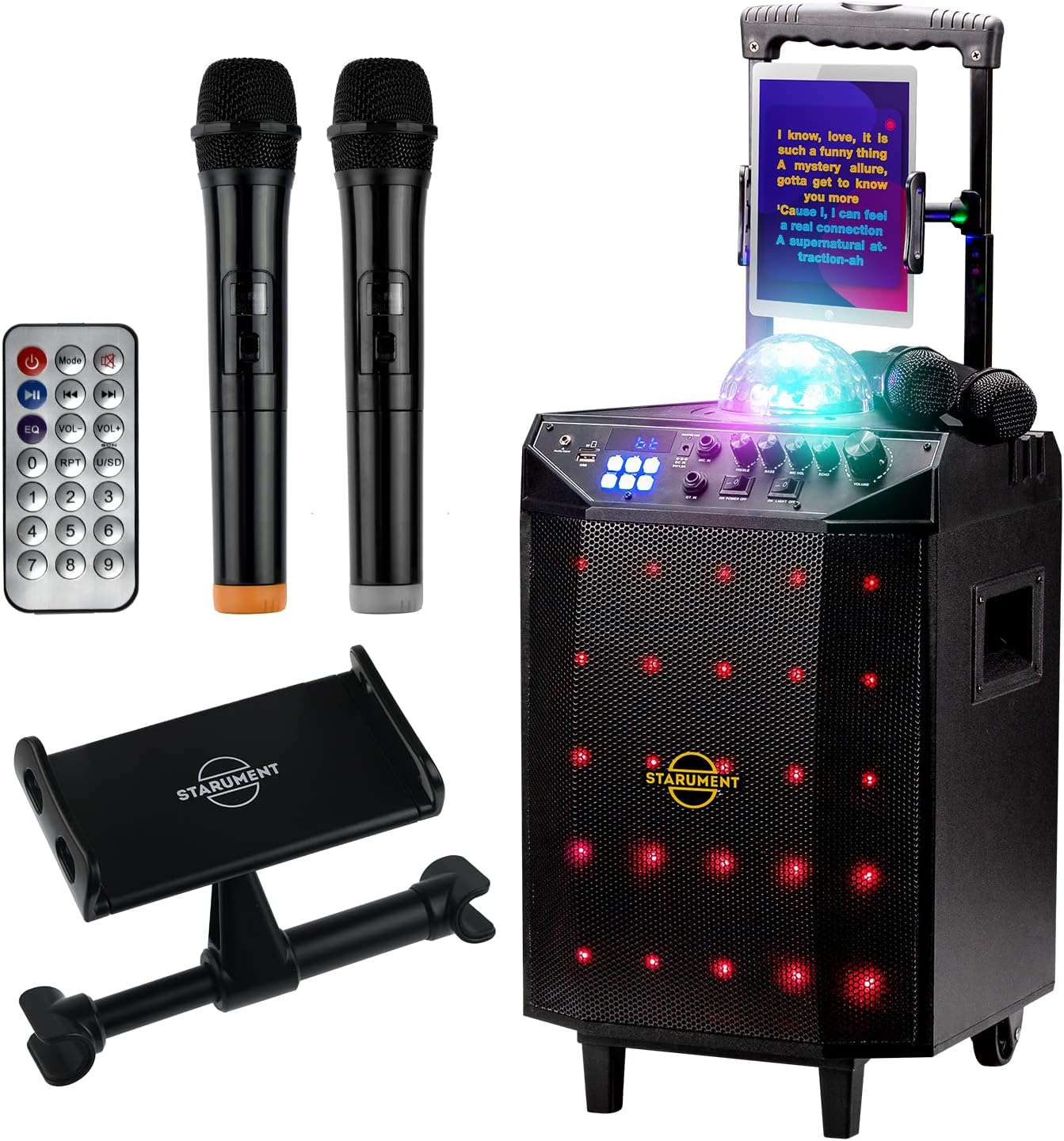 Portable Karaoke Machine for Adults & Kids Complete Karaoke System Includes Bluetooth Speakers on Wheels, 2 Bluetooth Microphones, Disco Ball, LED Speaker Light, Cell Phone Stand & USB Aux