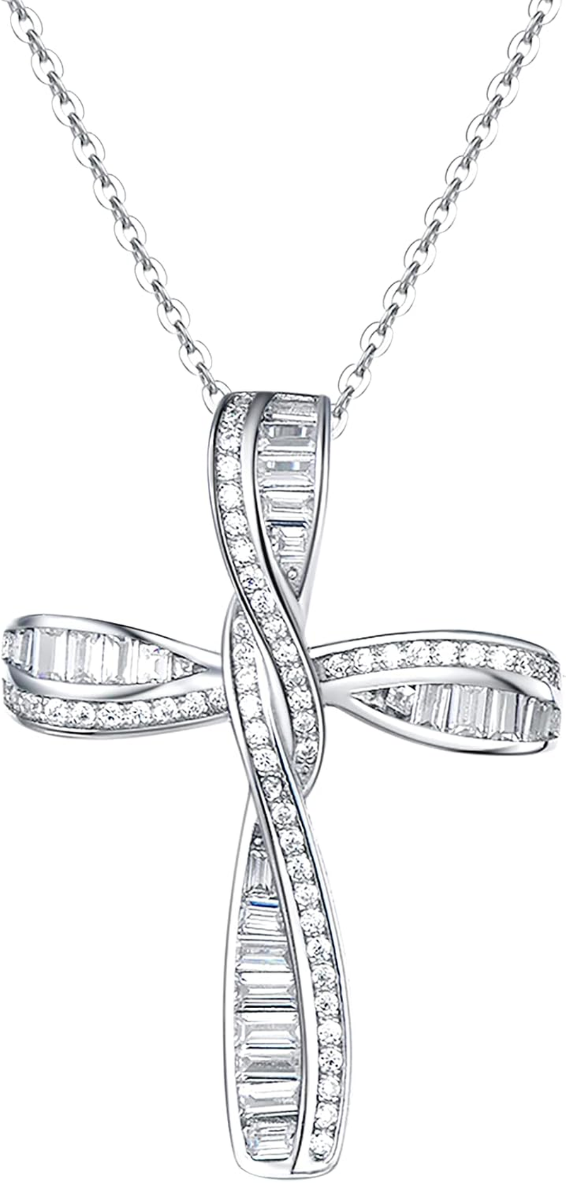 Cross Necklace for Women Sterling Silver Cubic Zirconia Twisted Cross Infinity Open Loop Pendant Gift for Women, 18