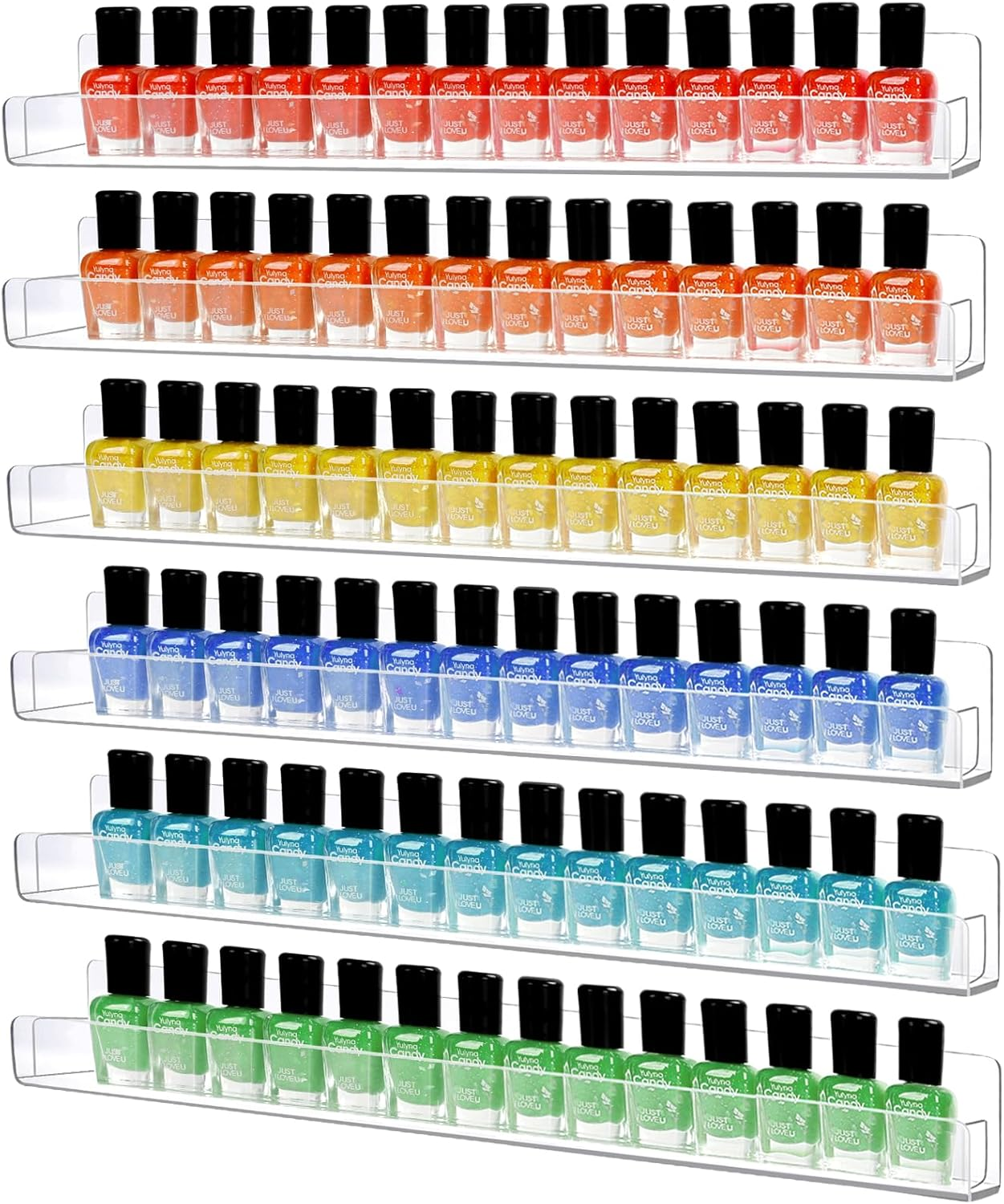 6 Pack Nail Polish Organizer Wall Mounted Shelf with Removable Anti-Slip End Inserts, Paint Rack Acrylic Organizers Display for Wall, Nail Polish Rack Displays 90 Bottles, 15 Inch