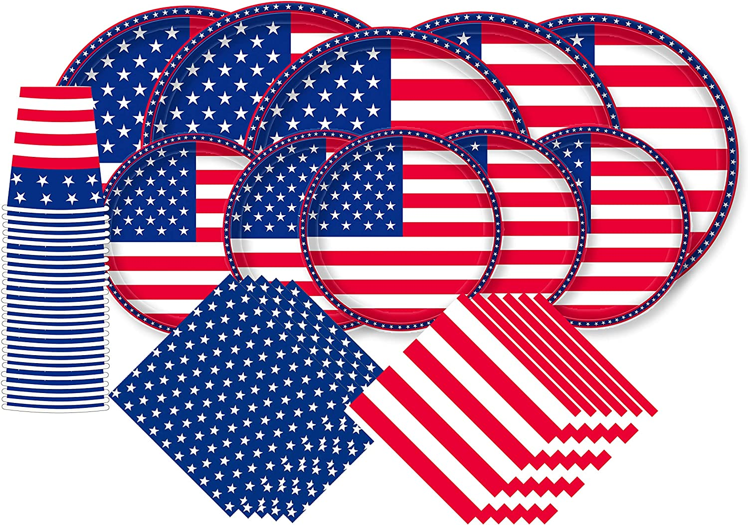 Gatherfun American Flag Patriotic Party Supplies Disposable Napkins Paper Plates and Paper Cups for Veterans Day Election Day 4Th of July Independence Day Decorations, Serve 25