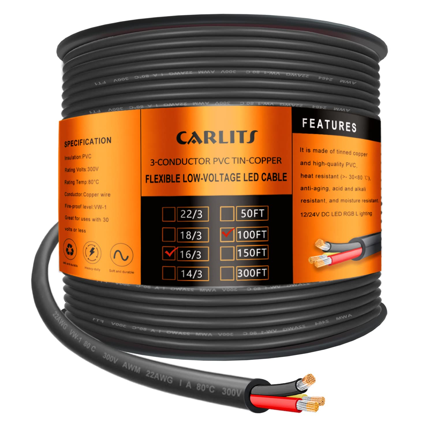 16 Gauge 3 Conductor Electrical Wire, 100FT 16 AWG Stranded Low Voltage 16/3 Cable Tinned Copper, Flexible Extension Power Cord for LED Lamp