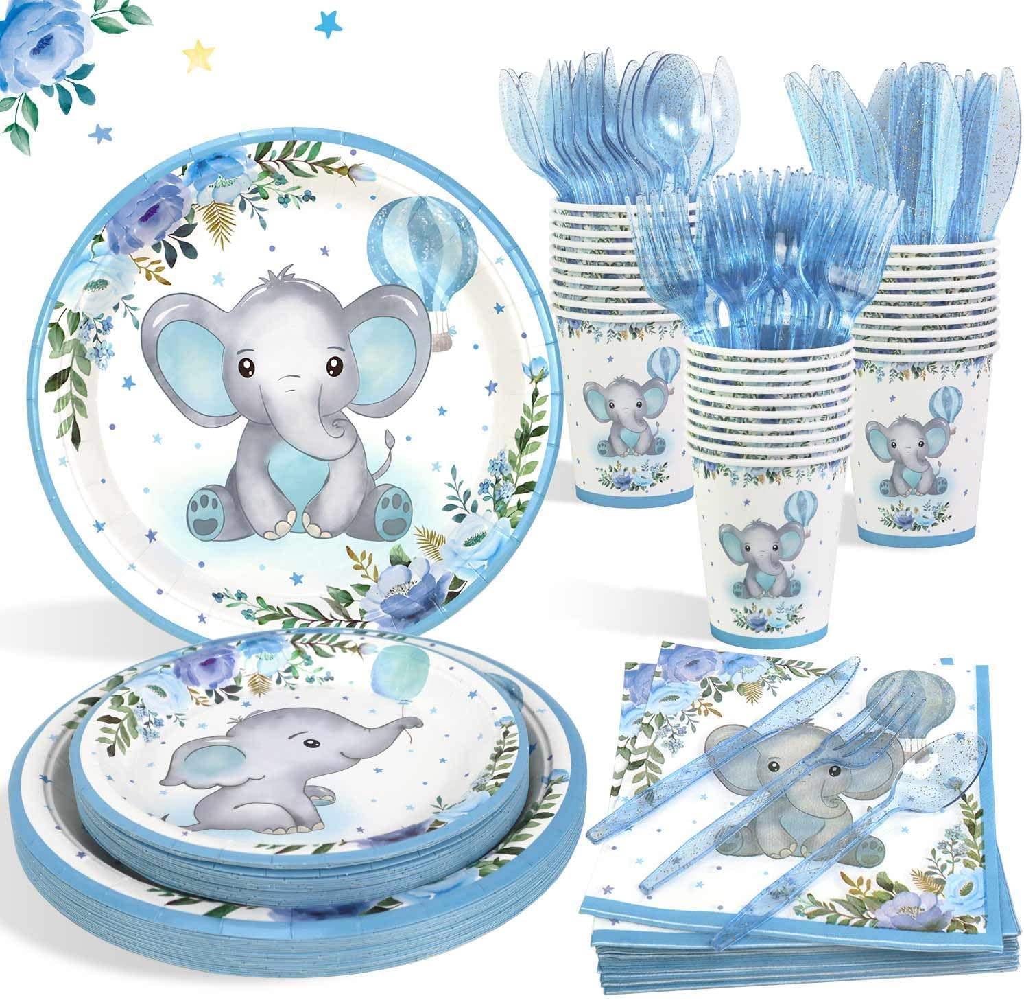 175Pcs Baby Boy Shower Decorations Plates Set for 25 Guests, Elephant Baby Shower Paper Plates Napkins Cups and Utensils Tableware Blue Floral Theme Birthday Party Supplies