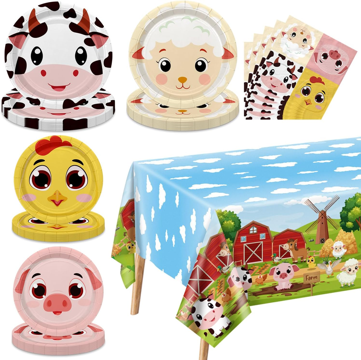 Farm Birthday Party Plates Set for 20 Guests, Including Animals Tablecloth, Napkins and Farm Plates for Baby Shower Farm Birthday Decorations