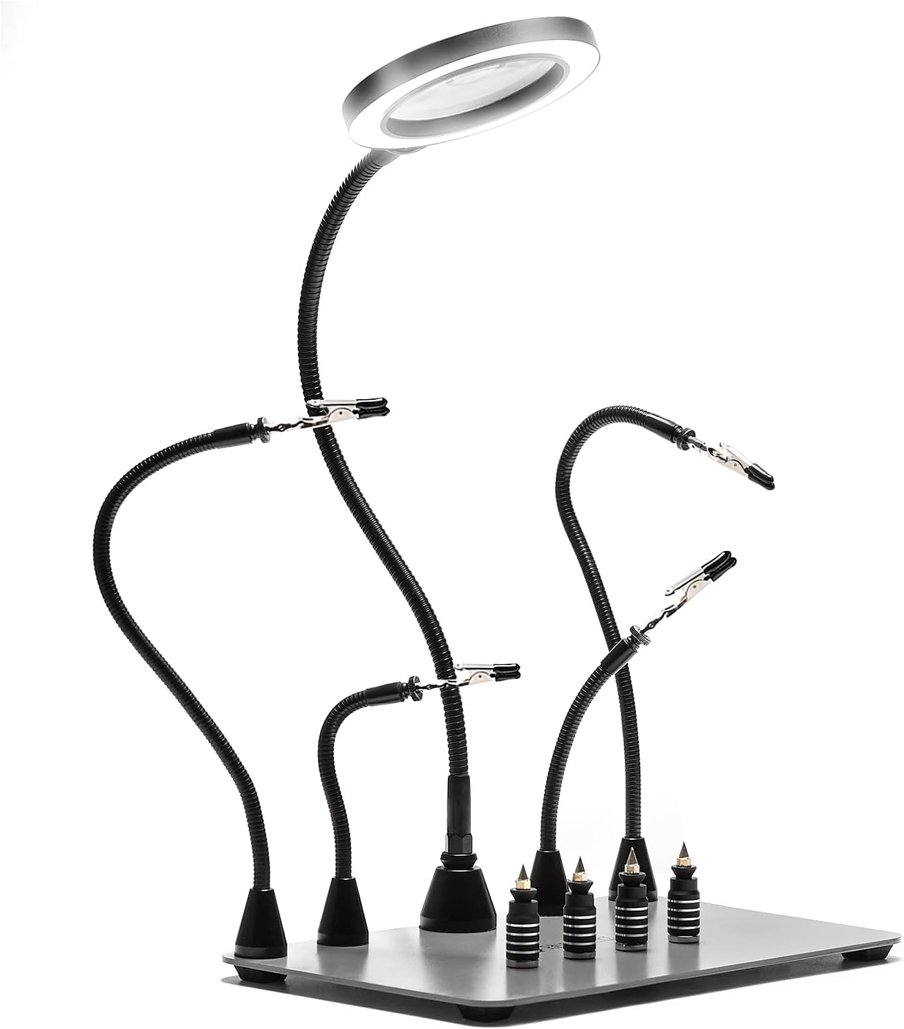 Magnetic Helping Hands Soldering Station with an 11.1 X 7.1 Inch Larger Base, 5X LED Magnifying Lamp, 4 PCB Circuit Board Holder & 4 Flexible Magnetic Helping Hands