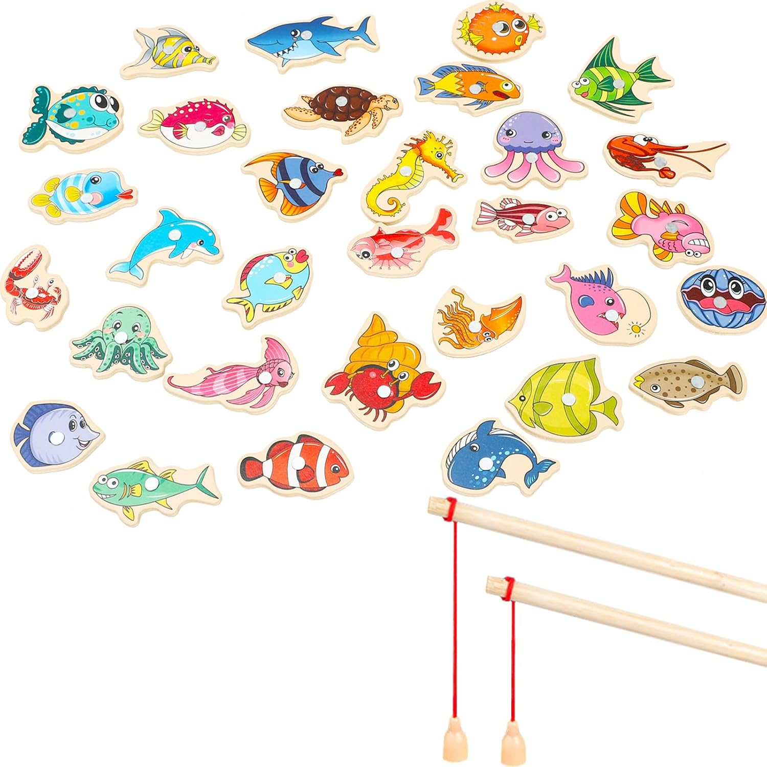 34 Pieces Magnetic Fishing Game for Kids Wooden Magnet Fishing Game Wooden Magnetic Fishing Toys for Kindergarten Preschool Girl Boy