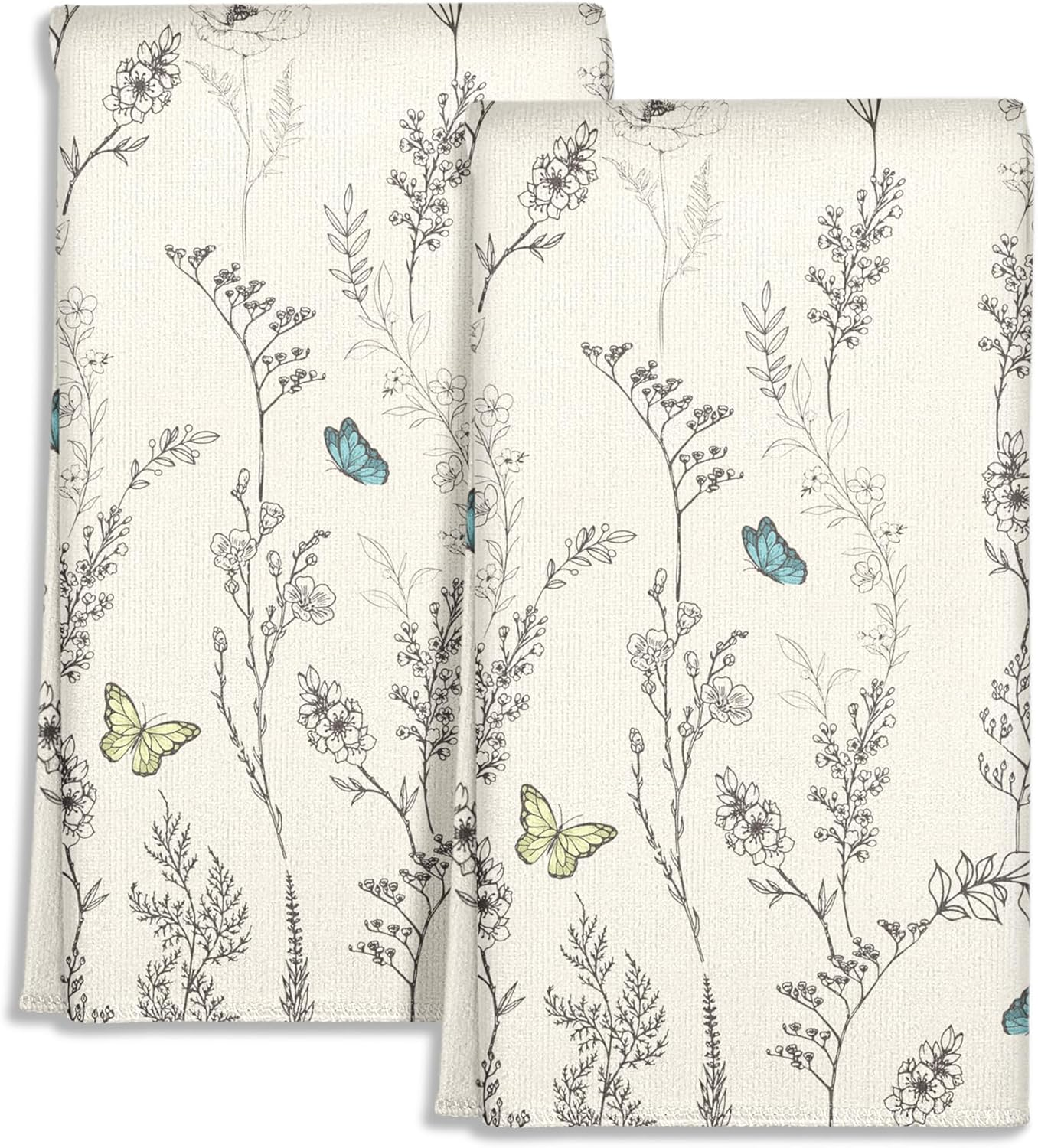 Cute Kitchen Towels Set of 2 - Dish Towels 18 x 26 Inch Microfiber Tea Towel for Home Decorative White Flower Spring Soft Reusable & Absorbent Aesthetic Vintage Design