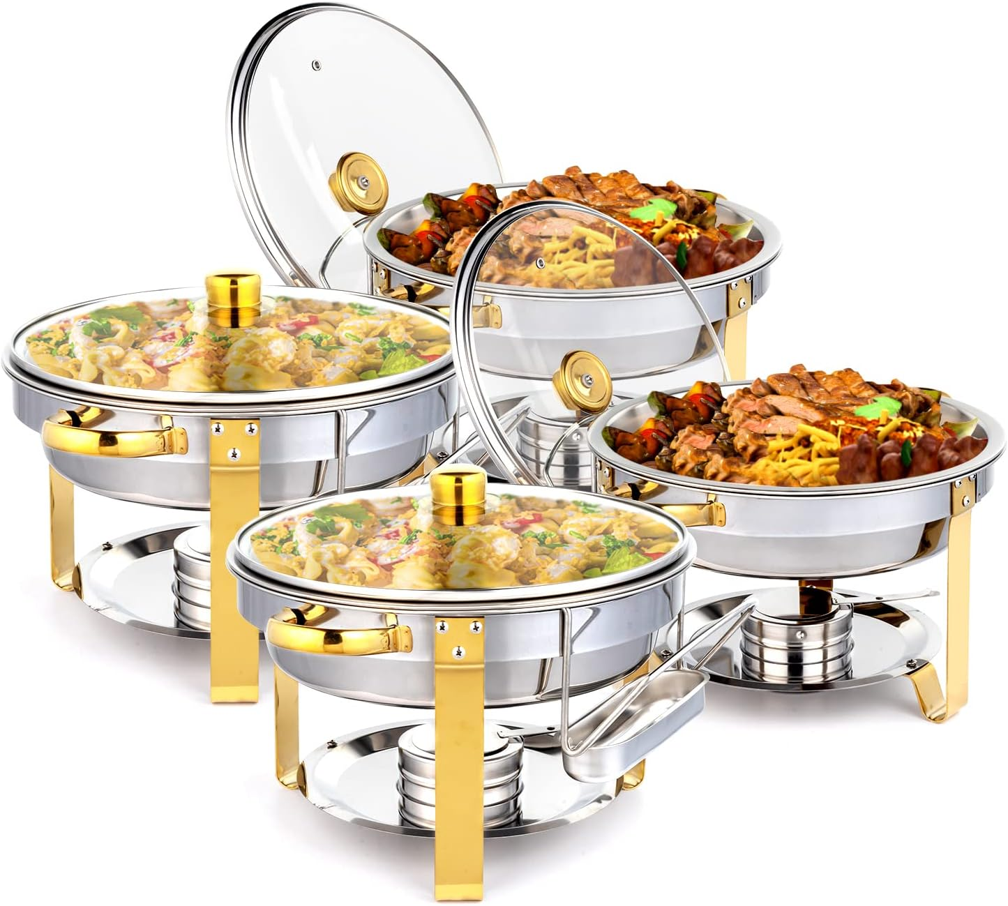 5QT 4 Packs Chafing Dish Buffet Set Gold Accent, NSF round Stainless Steel Buffet Warmer Chafers and Warmers Sets with Glass Lid & Lid Holder for Catering Events Parties Weddings Dinners