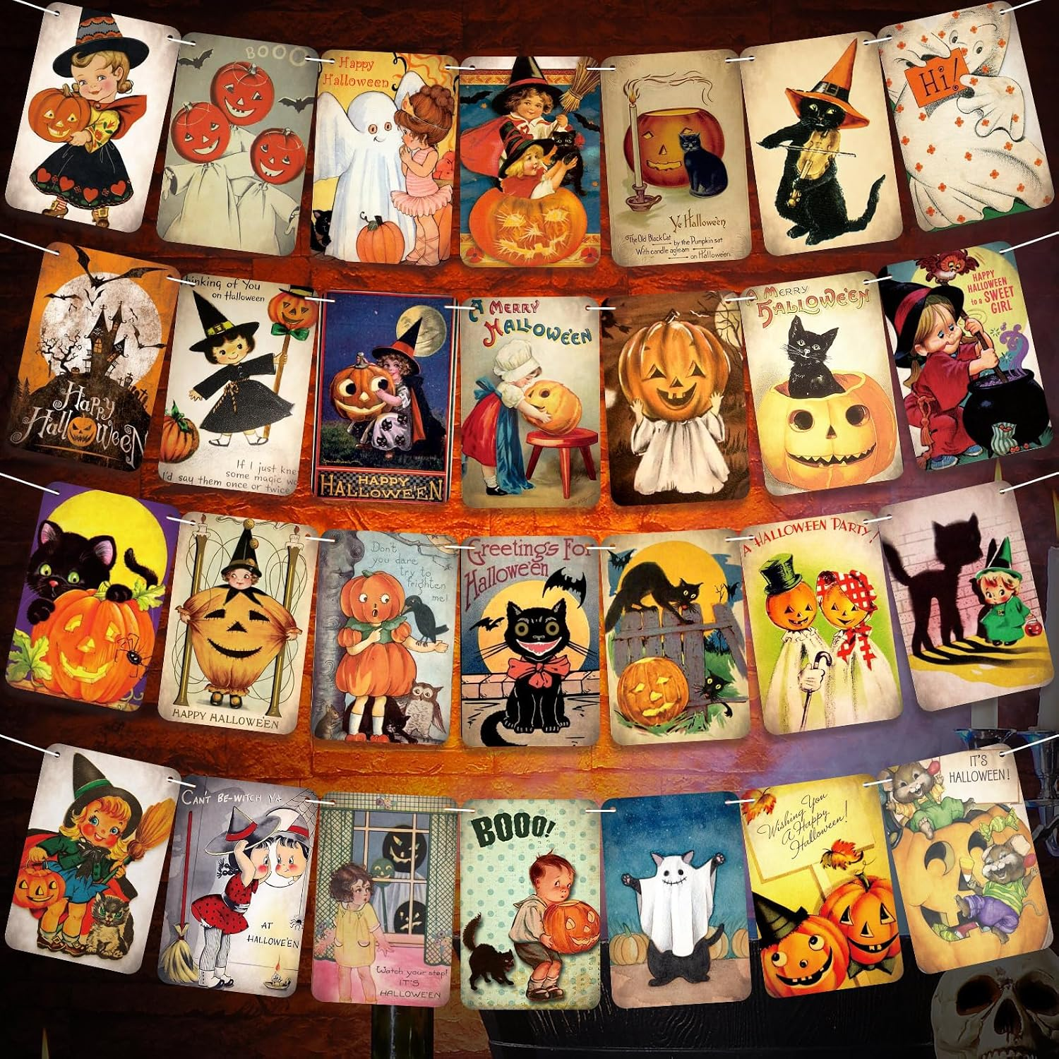 Vintage Halloween Banner Retro Party Wall Decor Bunting Garland 4Pcs 28 Cards