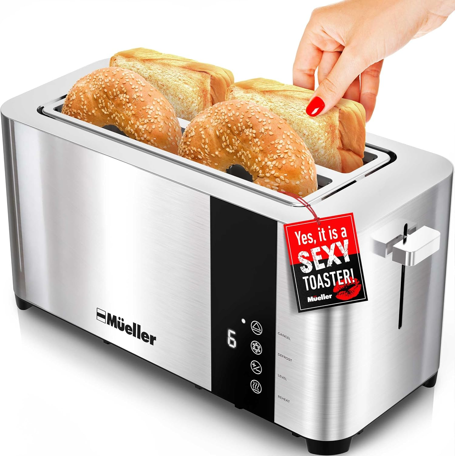 UltraToast Full Stainless Steel Toaster 4 Slice, Long Extra-Wide Slots for Bagels and Waffles, 6 Browning Levels, LED Display, Cancel/Defrost/Reheat Functions & Removable Tray, Kitchen Gadgets