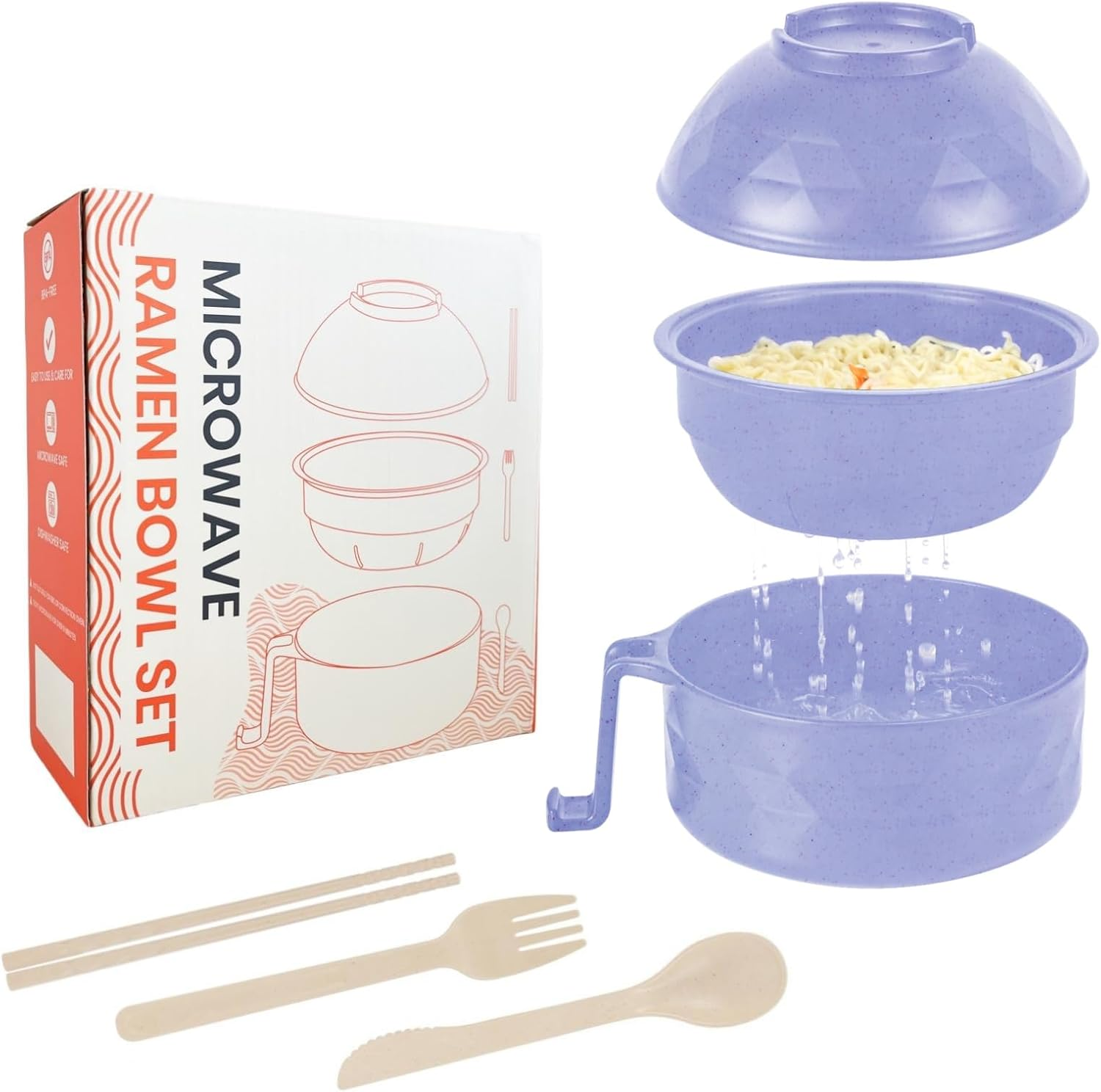 Microwave Ramen Cooker,Ramen Bowl Set,Microwave Noodle Bowl with Chopsticks and Spoon, College Dorm Room Essentials for Girls for Boys, Apartment Essentials, Bpa-Free. (Light Purple)