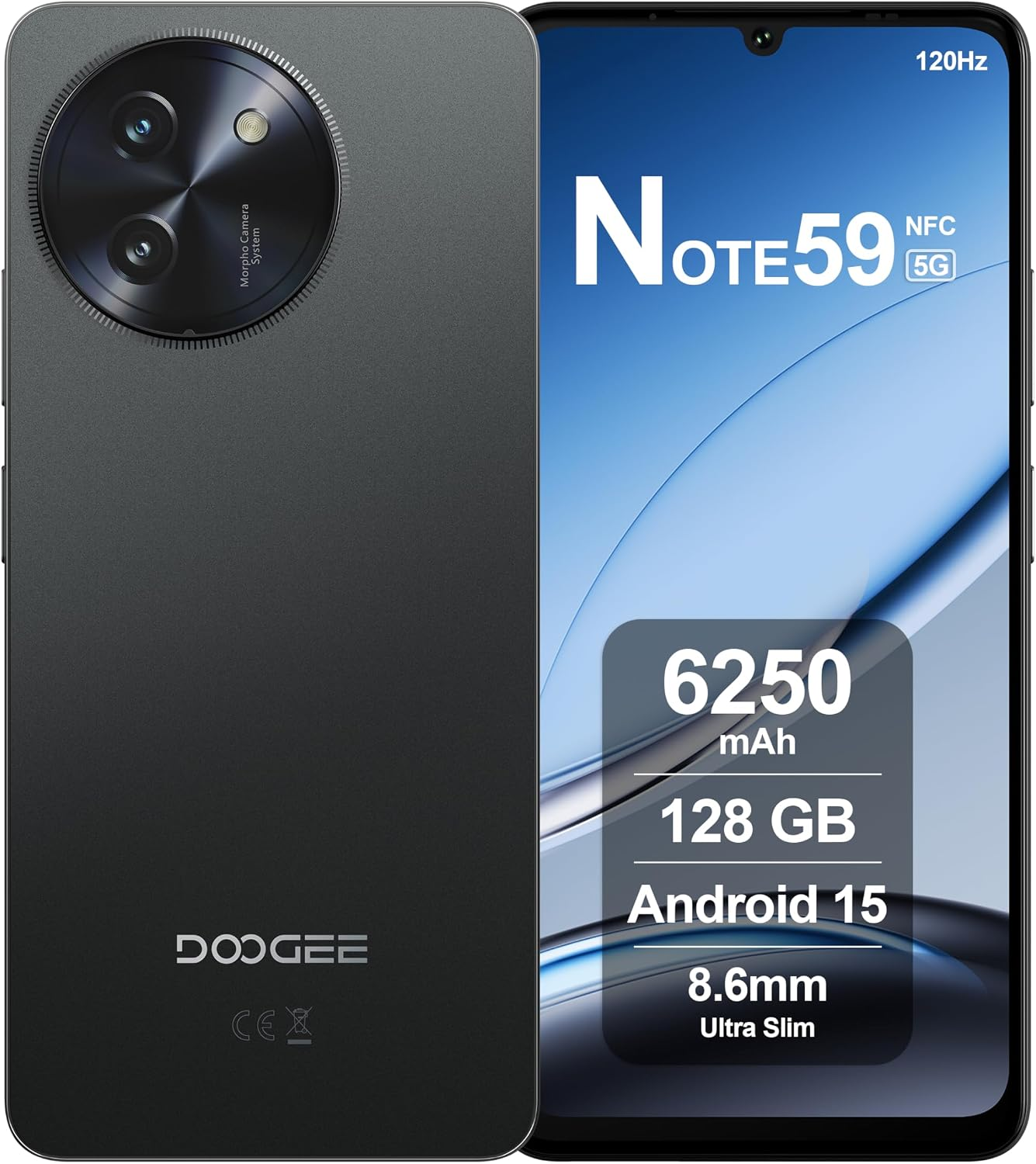 NOTE 59 5G Smartphone Unlocked, 32GB+128GB, 6.75" 120Hz IPS, Octa Core Android 15 Mobile Phone, 16MP+8MP Camera, 6250Mah Battery, Dual 5G Dual SIM, GPS NFC Black