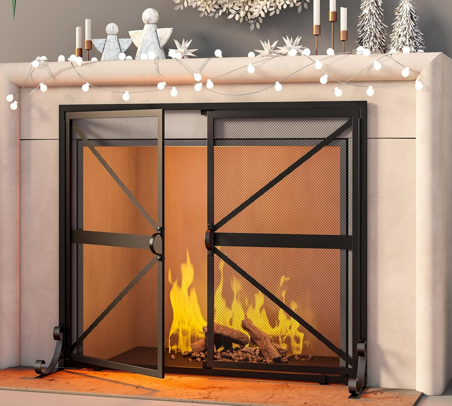 Fireplace Screen with Doors, 2-Pannel Handcrafted Solid Wrought Iron Decorative Mesh,Baby Safe Proof Firewood Burning Stove Accessories(Black)