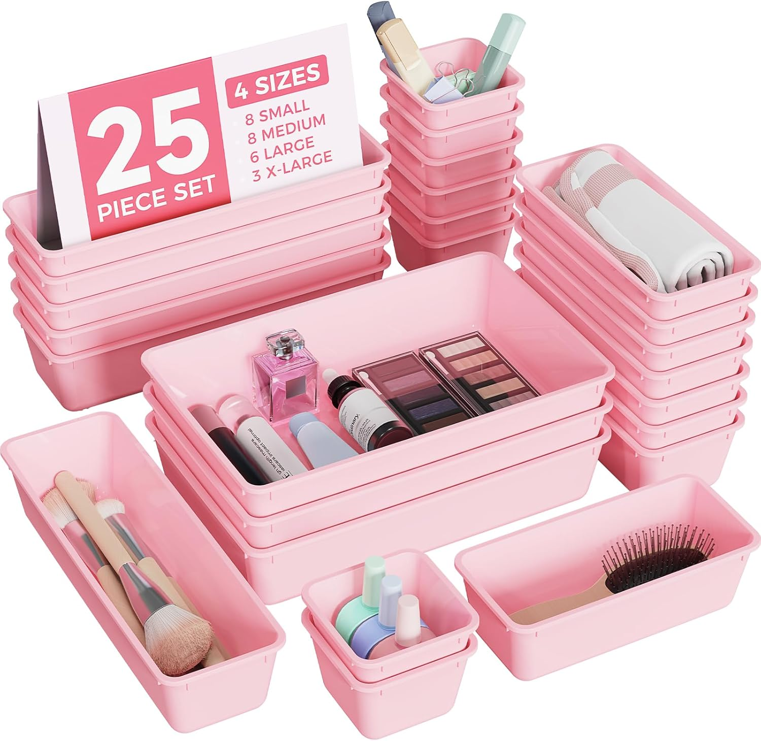 25 PCS Plastic Drawer Organizers Set, 4-Sizes Vanity and Makeup Organizer, Desk and Bathroom Drawer Organizer Trays, Organizers and Storage for Makeup, Jewelry, Gadgets, Utensils (Pink)