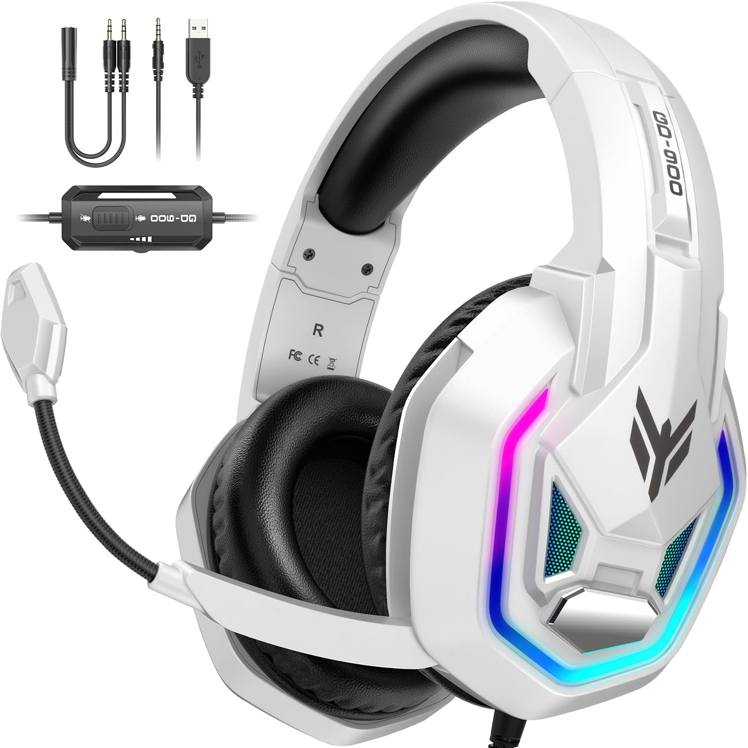 Gaming Headset for PS5, PS4, Xbox Series X|S, Xbox One, PC, Switch, Mac - RGB Over-Ear Headphones with 7.1 Surround Sound, Noise Cancelling Mic, 50Mm Drivers & Memory Earmuffs for Nintendo 64