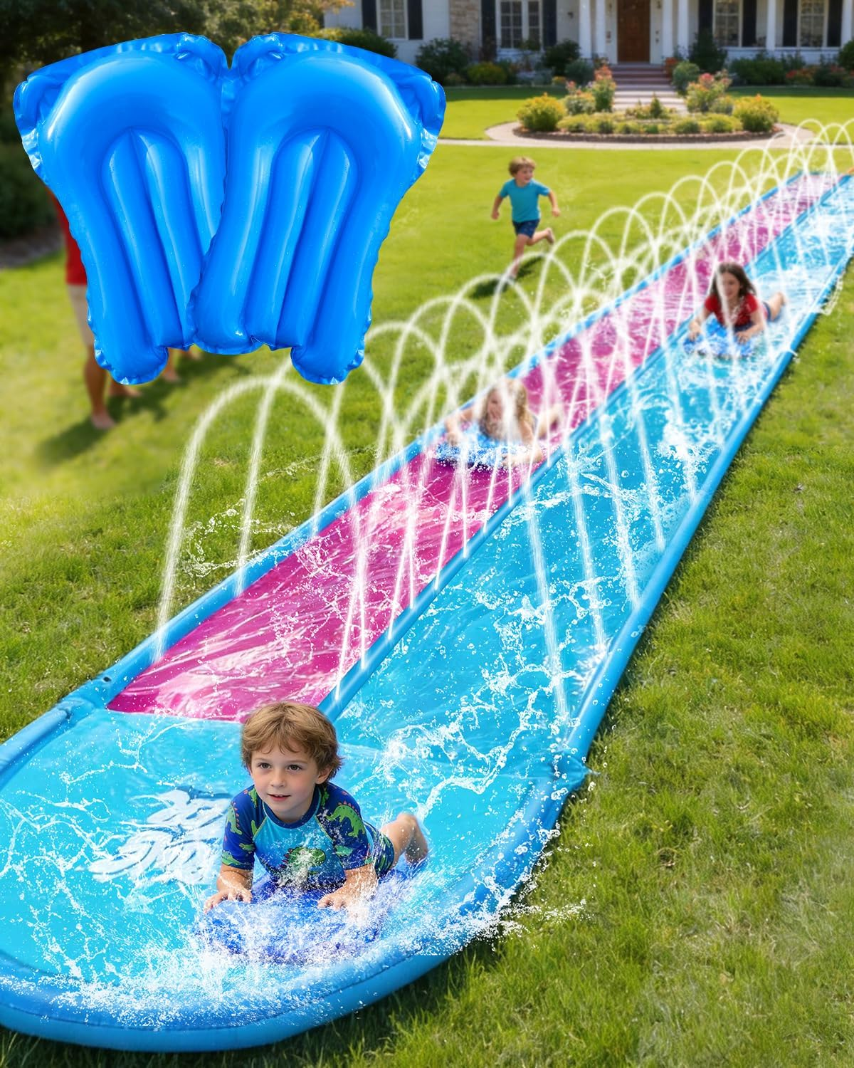 32Ft Inflatable Slip and Water Slide for Kids, 2 Racing Lane Giant Slip N Water Slides for Backyard Heavy Duty with 2 Bodyboards, Outdoor Summer Water Toys Funs Sprinkler