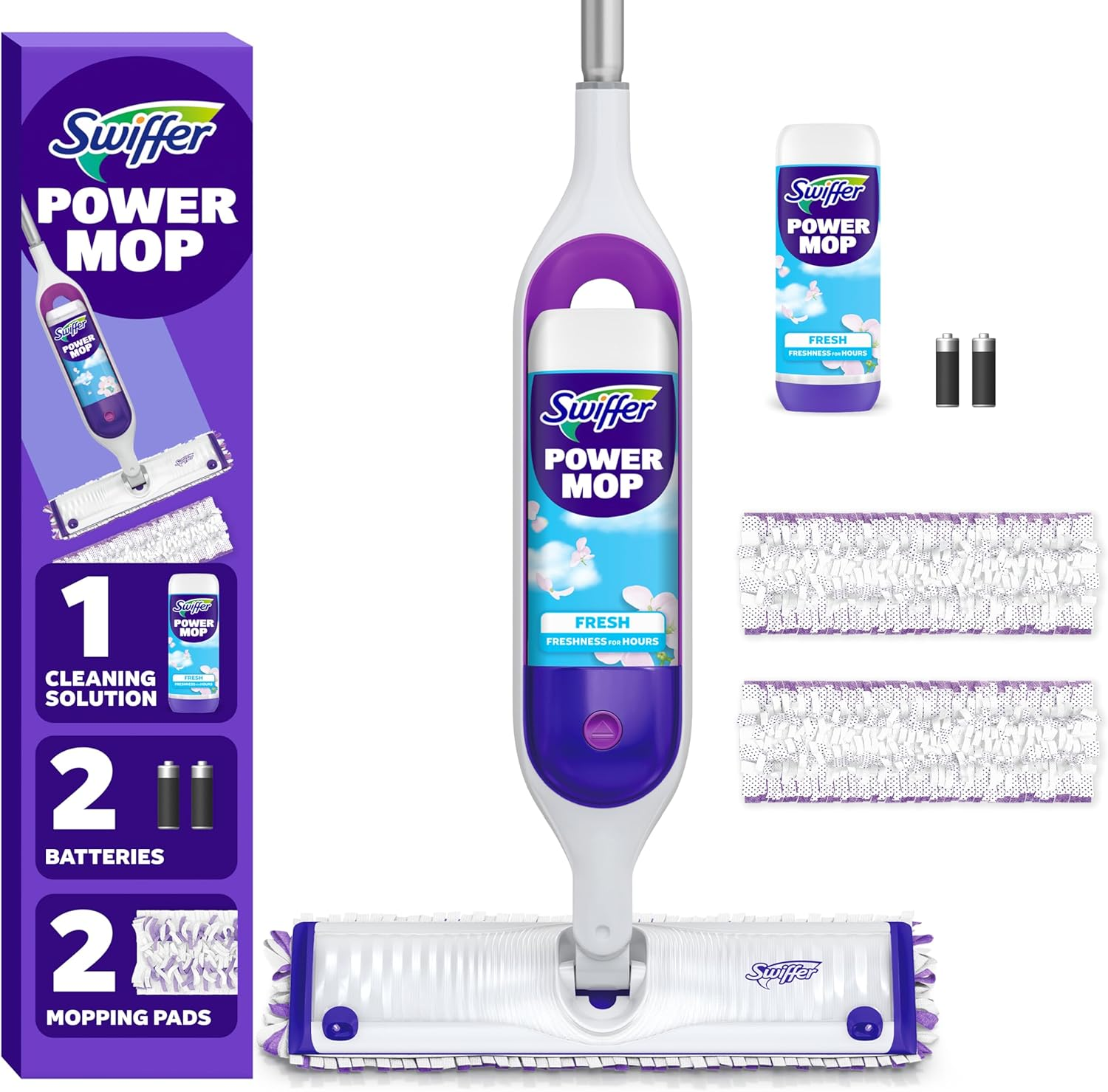 Powermop Multi-Surface Mop Kit for Floor Cleaning, Fresh Scent, Mopping Kit Includes Powermop, 2 Mopping Pad Refills, 1 Floor Cleaning Solution with Fresh Scent and 2 Batteries