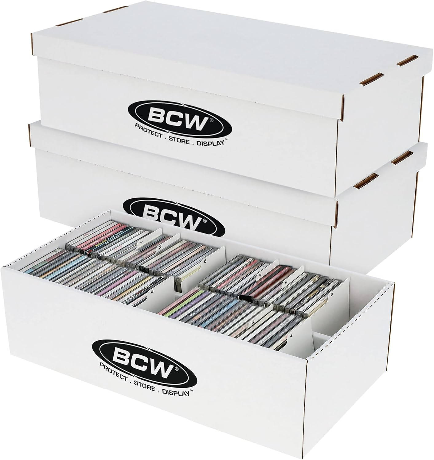 CD Storage Box with Lid  3 Pack | Holds 100 Jewel Cases | CD Organizer Case with 4 Compartments | Corrugated Storage Bin for Home & Retail | Compact Box for Jewel Case Storage