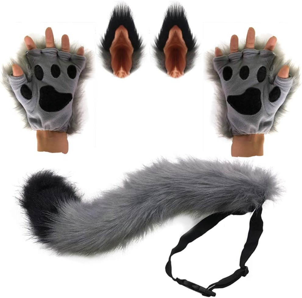 Wolf Fox Tail Clip Ears and Gloves Set Halloween Christmas Fancy Party Costume Toys Gift for Women