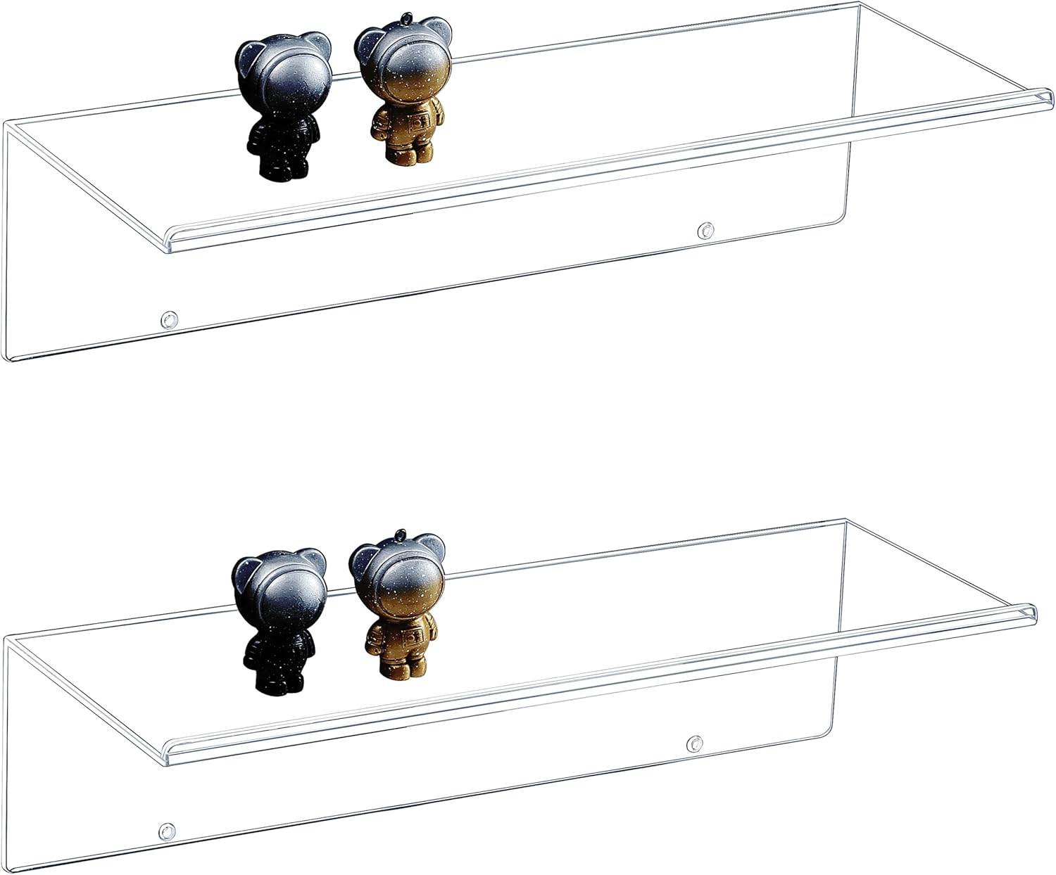 Clear Floating Shelves Display Ledge,2 PCS Decorative Wall Storage Shelves with Detachable Towel Hooks,Damage Free Adhesive Acrylic Wall Mounted Shelves for Bathroom,Kitchen,Bedroom or Office