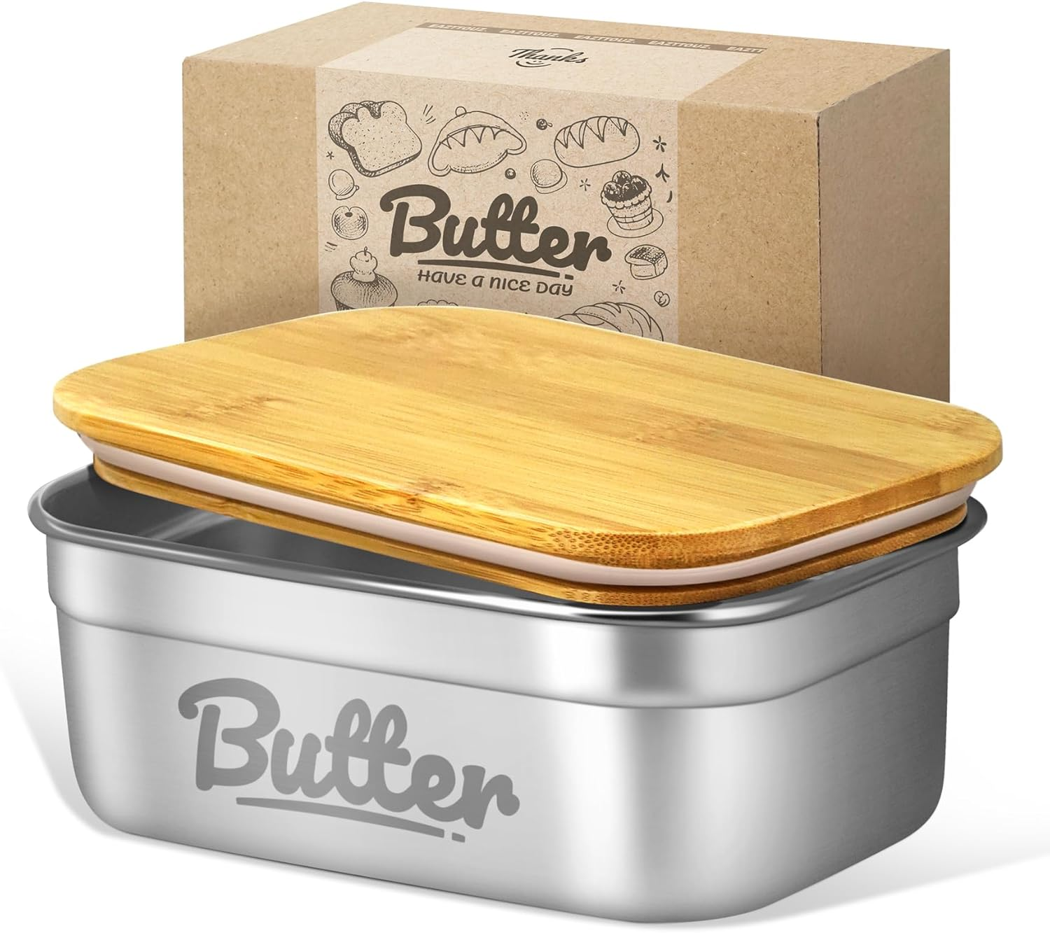 Stainless Steel Butter Dish with Lid, Airtight Butter Container with Silicone Seal for Refrigerator & Countertop, Holds 4 Sticks East Coast/2 Sticks West Coast Butter (Large)