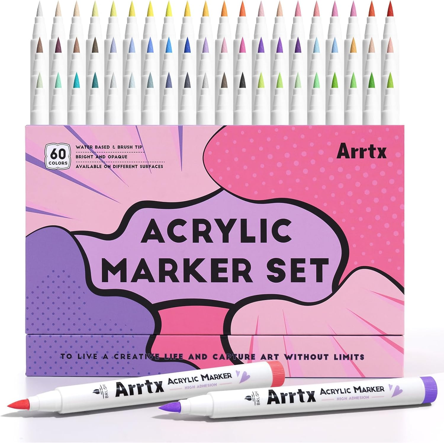 Arrtx Acrylic Paint Markers 60B,Brush Tip Acrylic Markers for Rock Painting,Glass,Stone,Wood,Ceramic Fabric