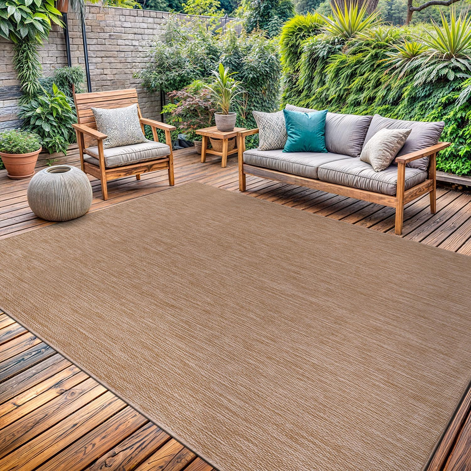 Washable Indoor Outdoor Rug 5X7 Weather Resistant Area Rugs Modern Solid Jute Rug for Porch Deck Balcony Backyard Patio outside Carpet (5 X 7 Jute Beige)