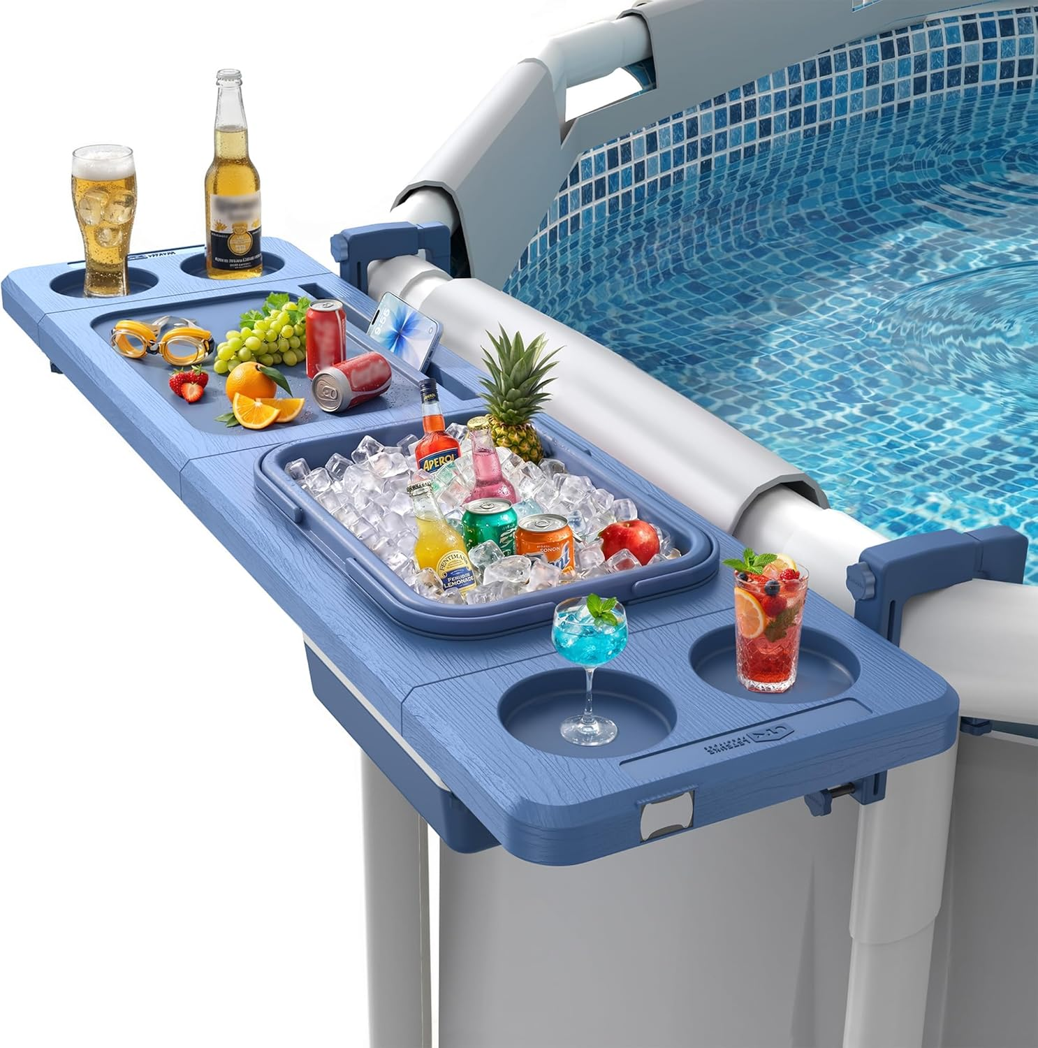 Poolside Bar with Ice Bucket, Poolside Bar Table with Adjustable Support Bracket Fits Above-Ground Pools, Swim up Bars up to 110Lbs, Patio Poolside Table Smart Fold &Weather Resistant Stable Tabletop