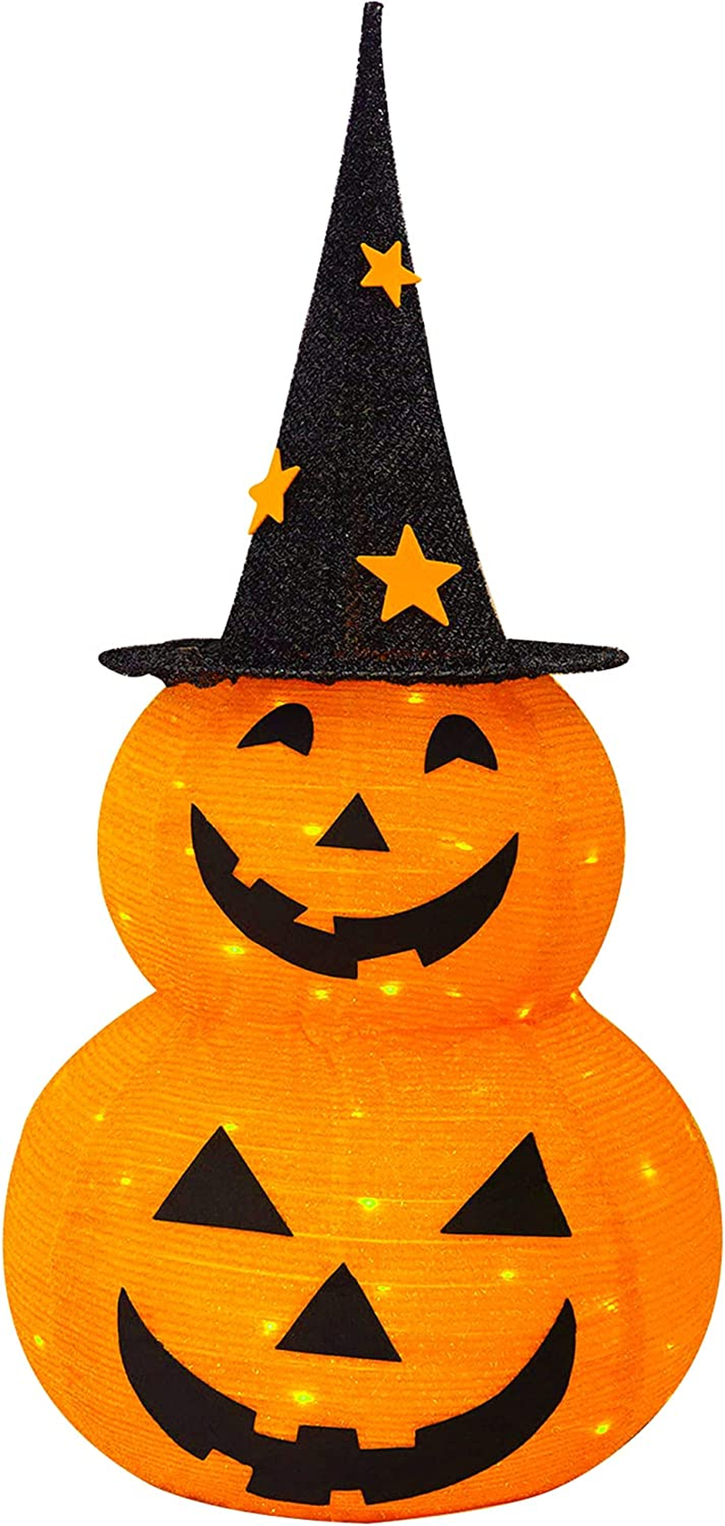 3FT Halloween Collapsible Pumpkin Decorations, Pre-Lit Light up 50 LED Pumpkin with Star Hat 8 Lighted Mode, Pop up Jack-O-Lantern with Metal Stand for Indoor Outdoor Yard Holiday Decor