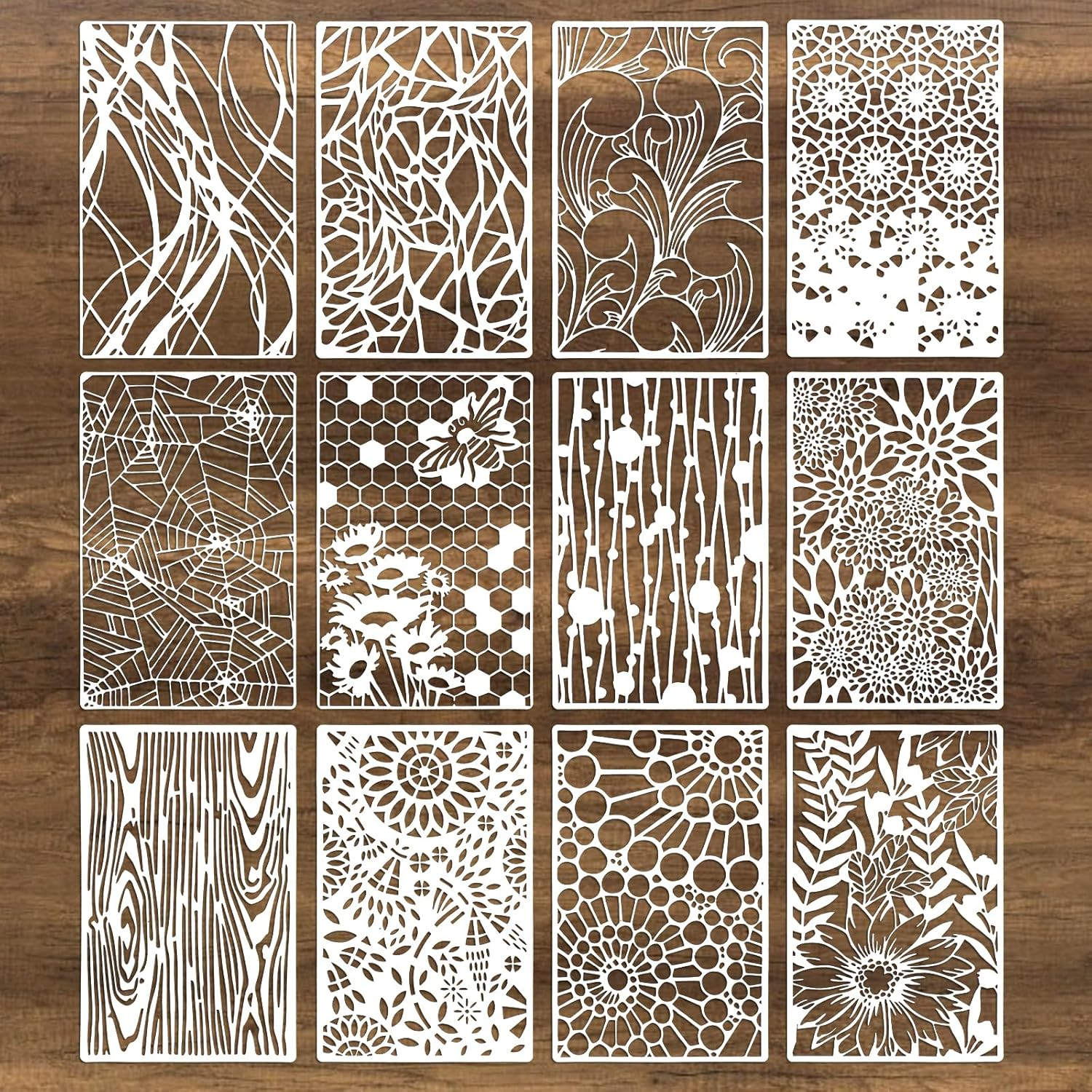 12Pcs Texture Stencils for Crafts Reusable, Mixed Media Stencils for Painting, Wood Grains Flower Templates Spider Web Layering Spray Paint Stencil Kit on Wall Canvas Cake Card DIY Art (11×7'')