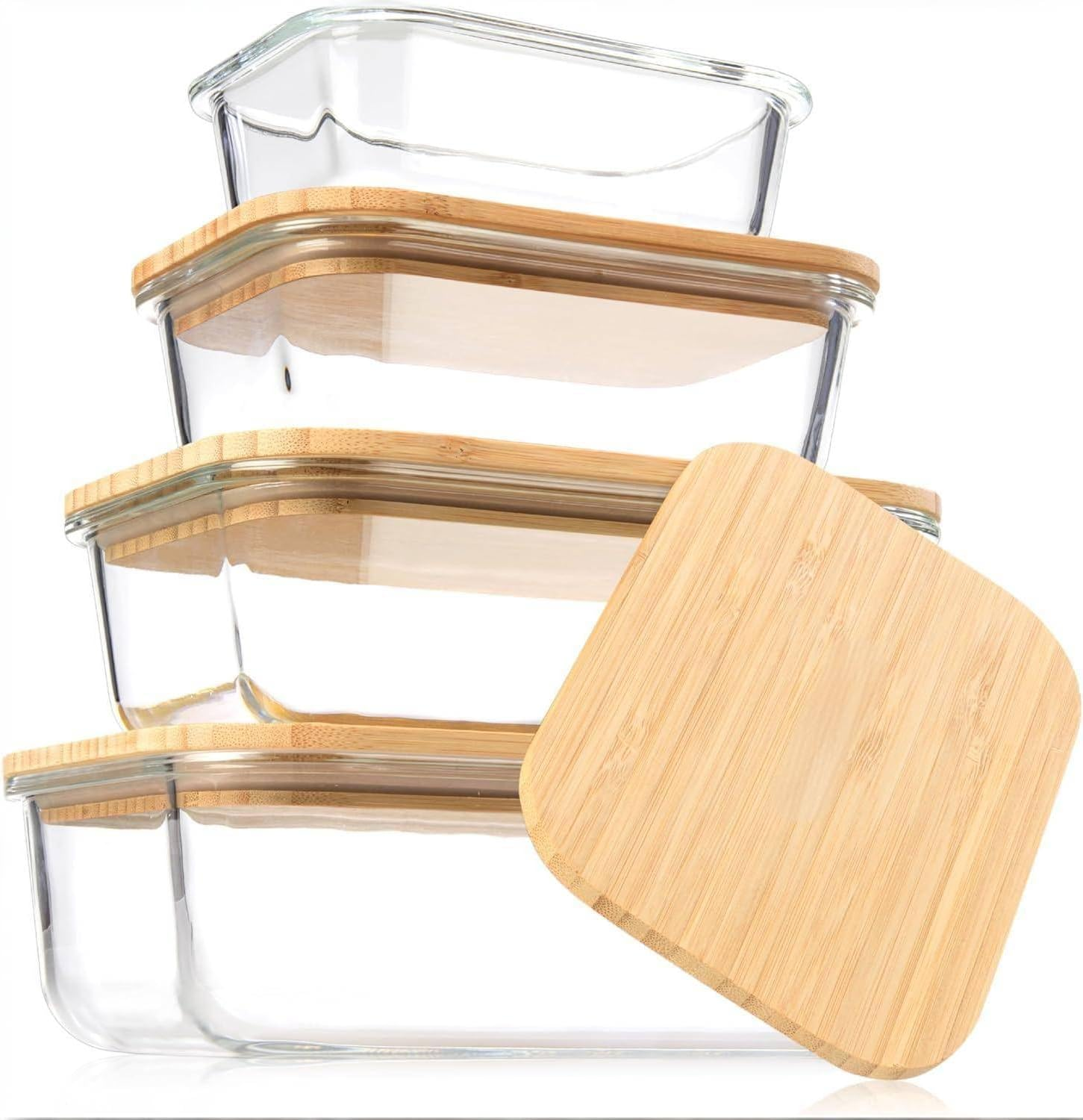 Glass Food Storage Containers with Bamboo Lids, 4 Pack Stackable Airtight Meal Prep Glass Containers for Fridge and Kitchen Organization