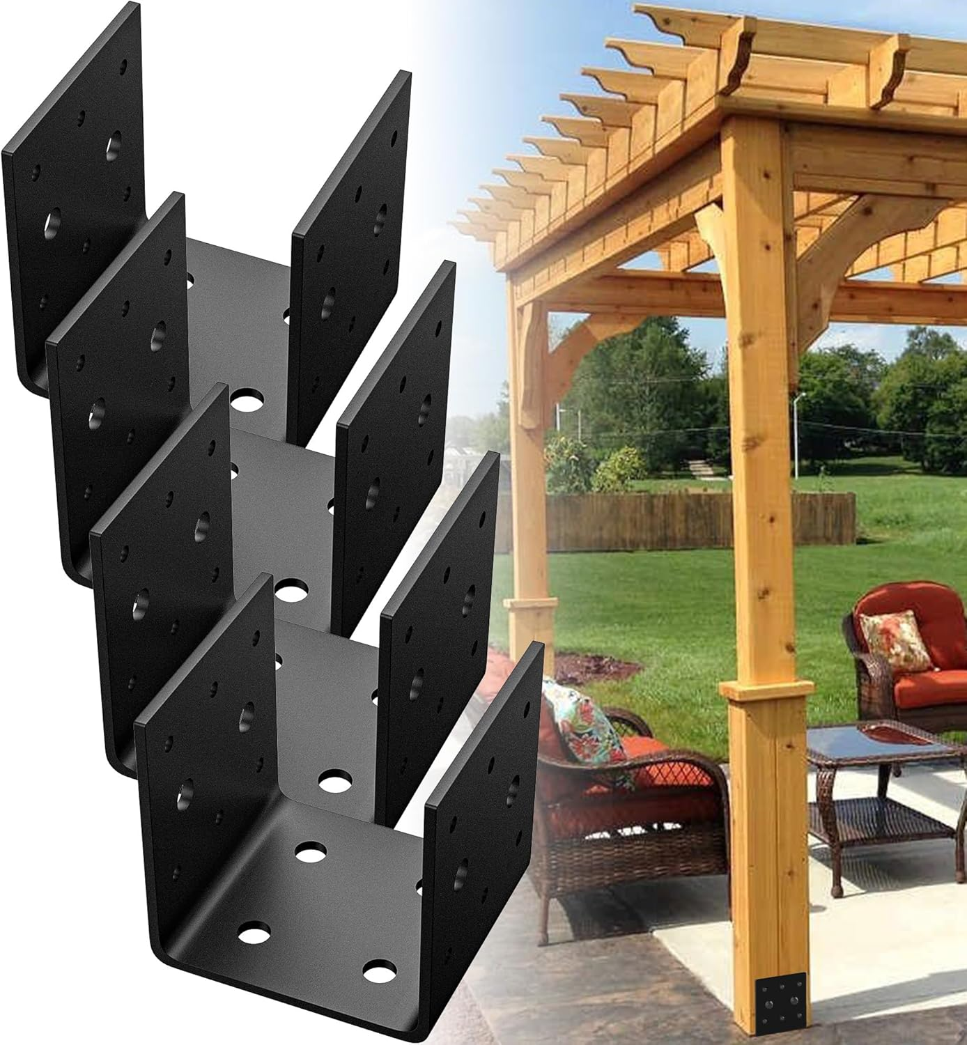 4Pcs Heavy Duty Post Base Brackets for Gazebo & Pergola - Fit 4 X 4 Post Anchor Connector, Thickened & Multi-Hole Design, Steel, Black