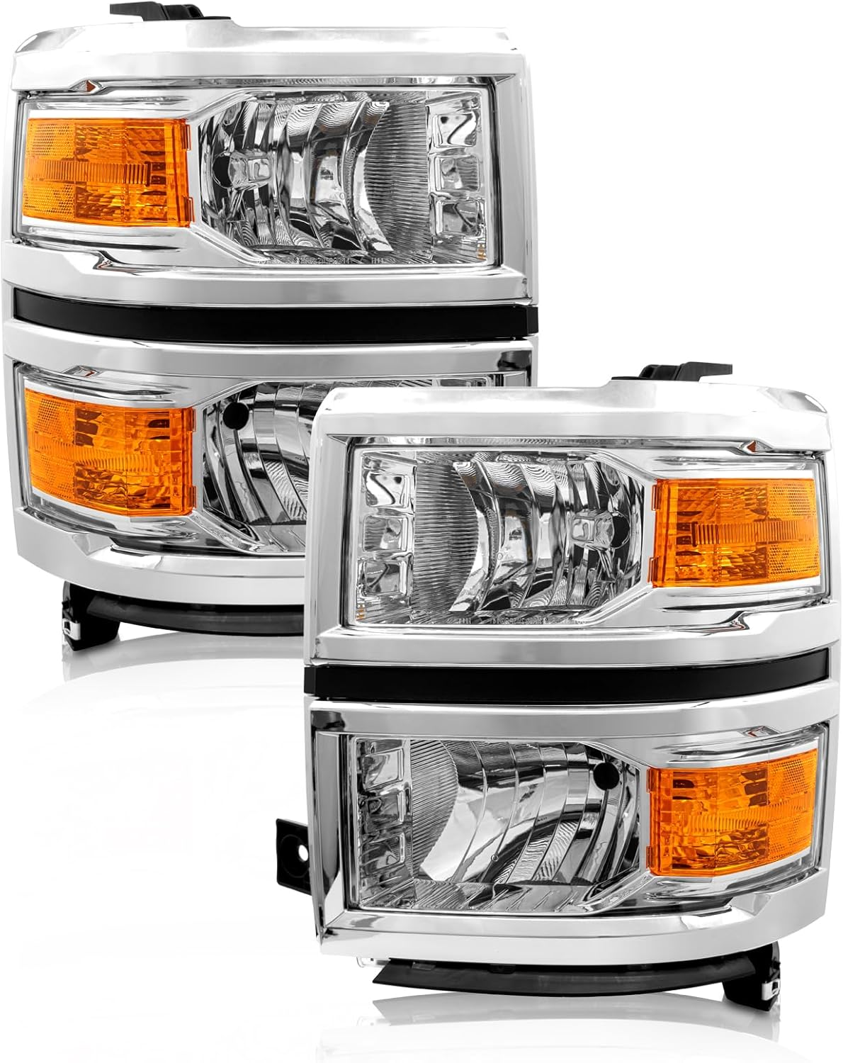 Helight Assembly Compatible with Chevy 2014 2015 Silvero 1500 Halogen Factory OE Style Helamp Amber Chrome Housing with Reflector Driver and Passenger Sides(No Bulb Included)