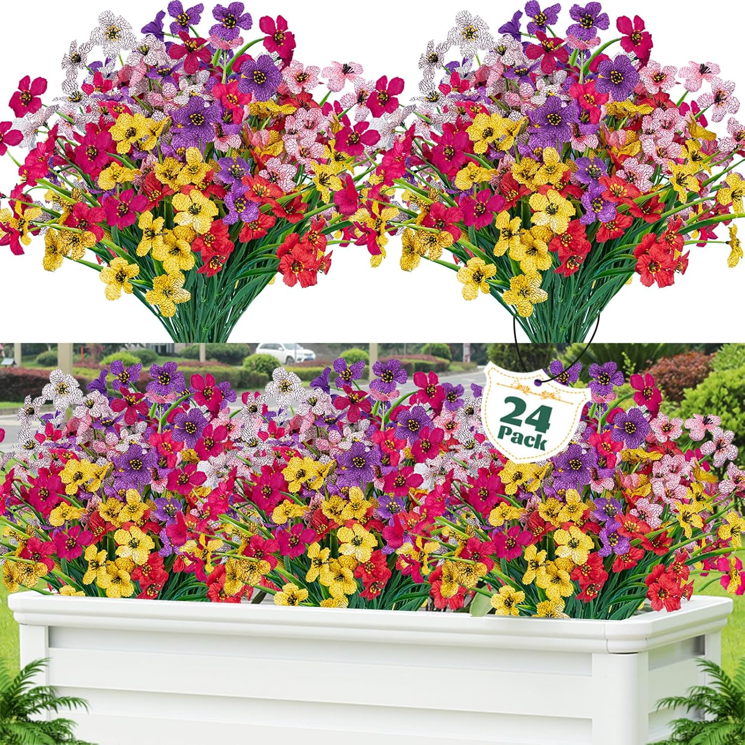 24 Pcs Artificial Flowers for Outdoor,Plastic Flowers Decoration, UV Resistant Faux Flowers Shrubs, Artificial Plants for Indoor outside Garden Home Wedding Farmhouse（6 Color）