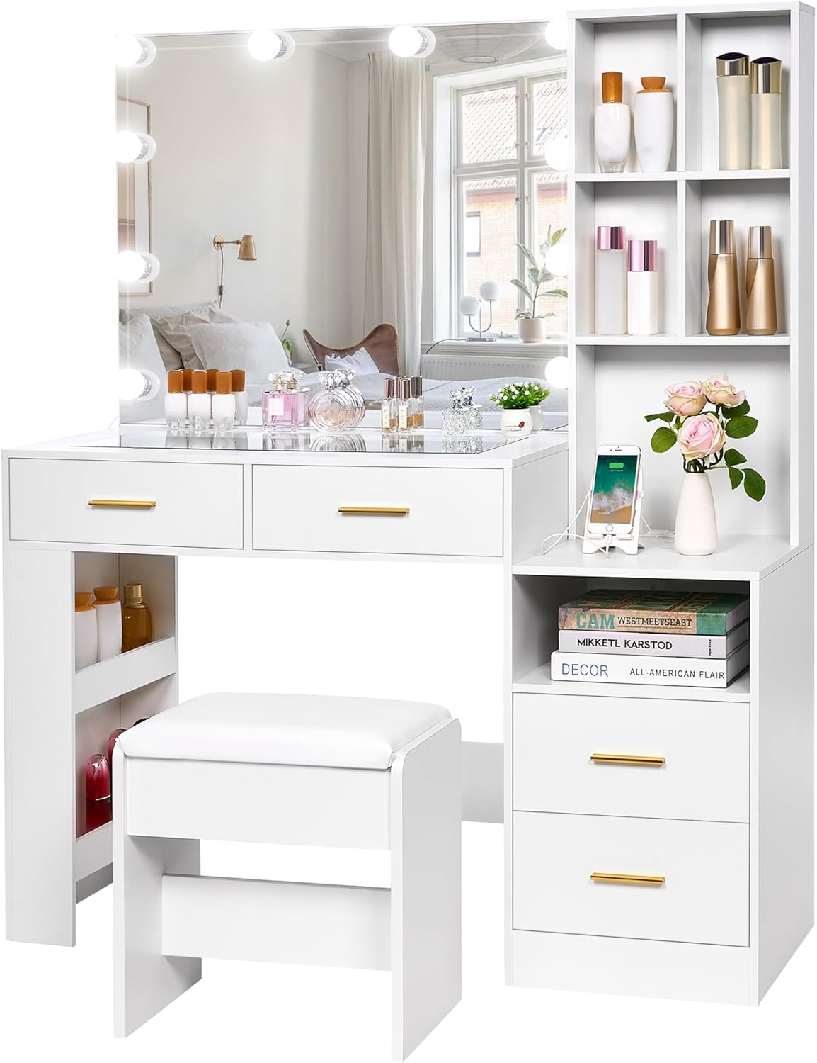 BEWISHOME White Vanity Desk with Mirror and Lights,Makeup Vanity Set with Glass Top,Large Dressing Table with Charging Station,4 Drawers,Nightstand,Stool,Makeup Desk for Girls Women Bedroom FST28W