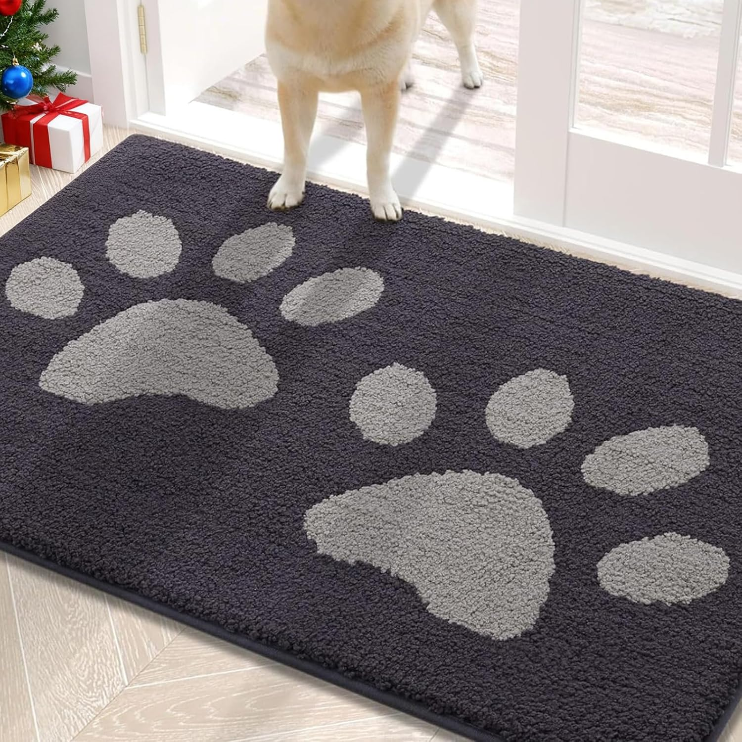 Dog Door Mat for Muddy Paws, Absorbent Dirt Trapper Washable Indoor Doormats, Non Slip Low-Profile Mud Mat for Dogs, Front Entrance Doormat for Inside Floor (30x20 Inches, Dark Grey)