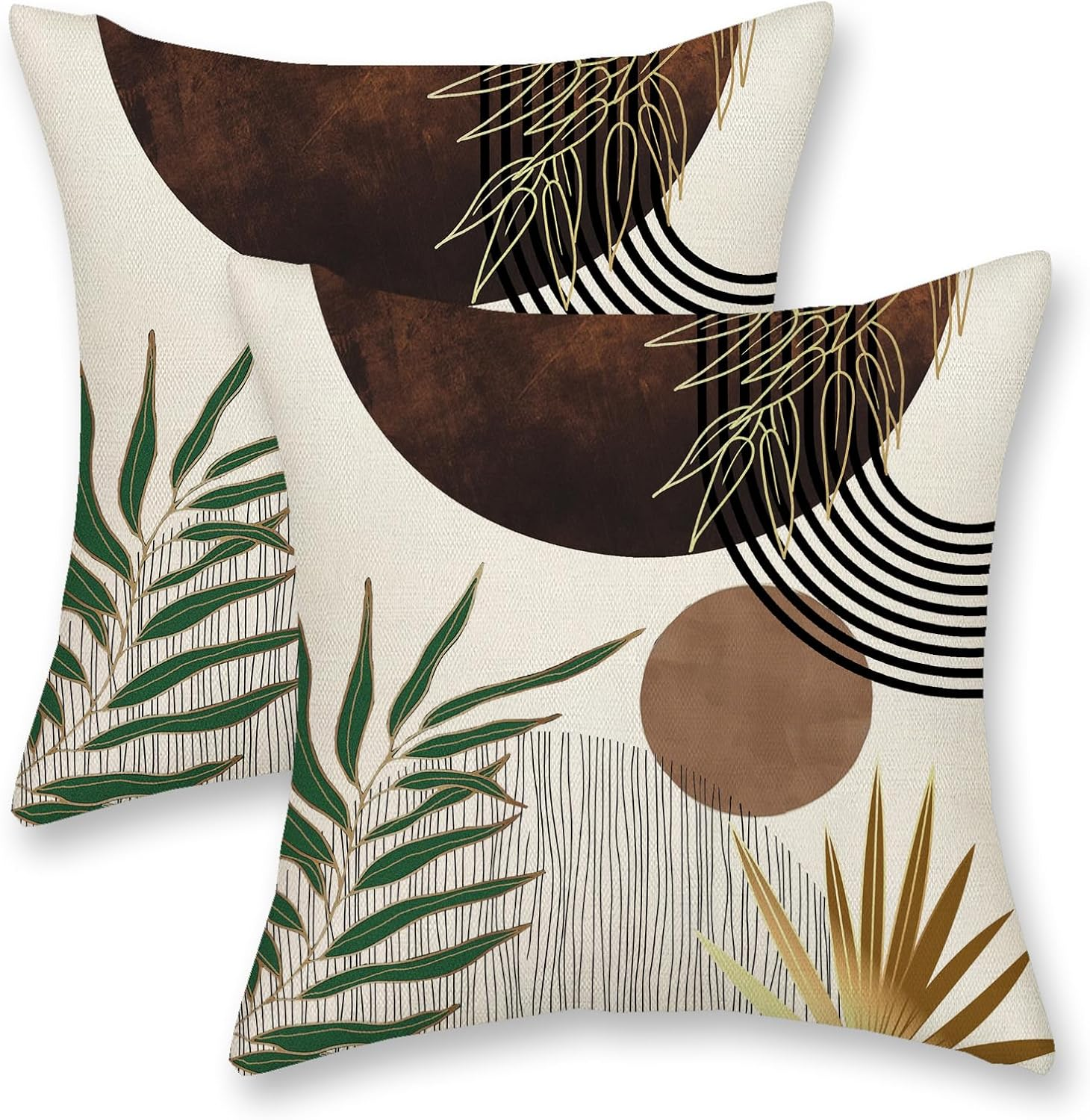 Brown Boho Pillow Covers 18x18 Inch 2 Pcs Tan Tropical Leaf Mid Century Summer Outdoor Decor Throw Pillows Modern Geometric Farmhouse Decoration Pillowcase Linen Cushion Cover for Couch Sofa