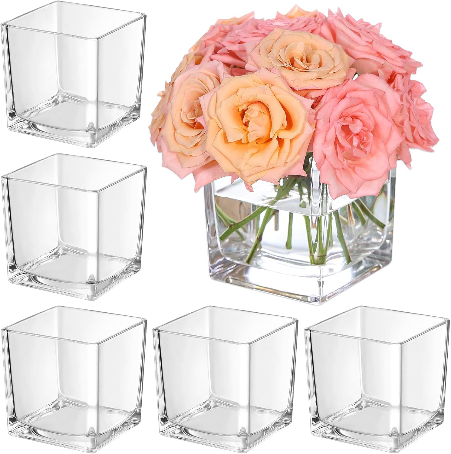 6 Pack Square Glass Vase 5" X 5" X 5", Clear Flower Vases for Centerpieces, Square Flower Vase Candle Holder for Wedding, Party, Home Office Decoration