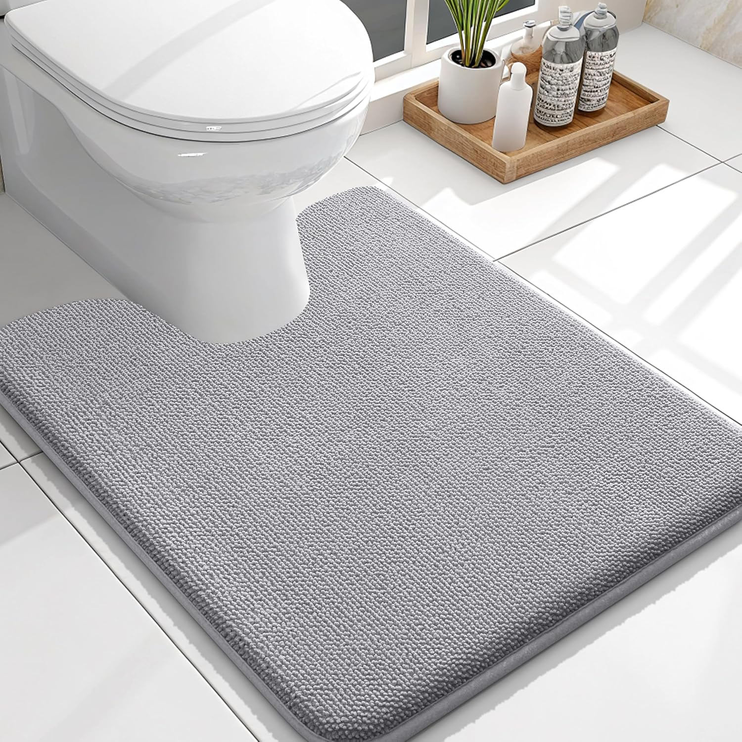 Gray U-Shaped Toilet Rug 24 X 20 Inches Memory Foam Washable Non Slip Bath Mat