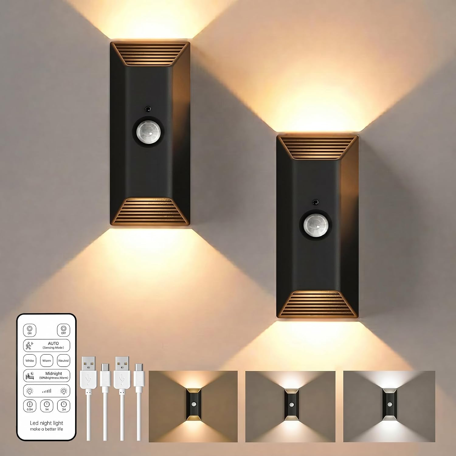 HOEOSE Rechargeable Wall Lights, Magnetic Battery Operated Wall Sconces Set of 2, Wireless Motion Sensor Night Light with Remote, Timer, 3 Color Temps & Dimmable, Wall Lamps for Bedroom, Living Room