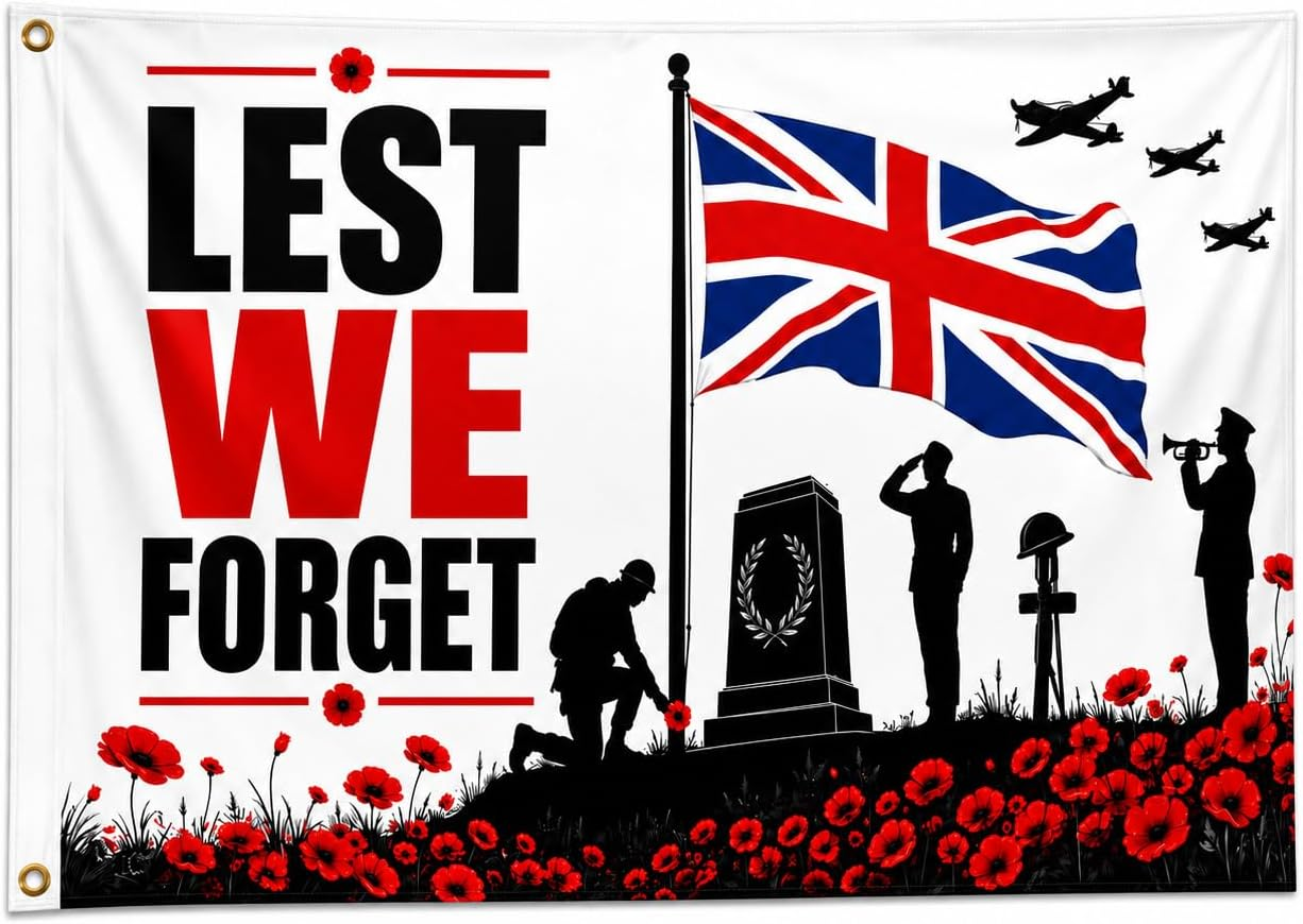 Lest We Forget Flags 5ft x 3ft - Poppy Remembrance Flag with Brass Eyelets