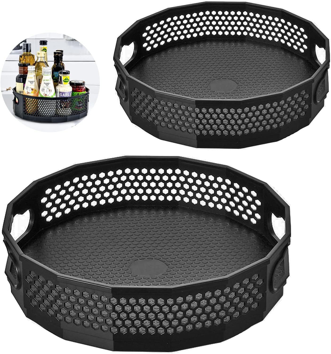 2Pcs Plateau Tournant Epices, Lazy Susan Étagère À Épices Rotative Porte Épices Rotatif Cuisine Rangement Épices Rotatif Organisateur En Plastique Pour Épices Bouteilles D'Huile Pots (Noir)