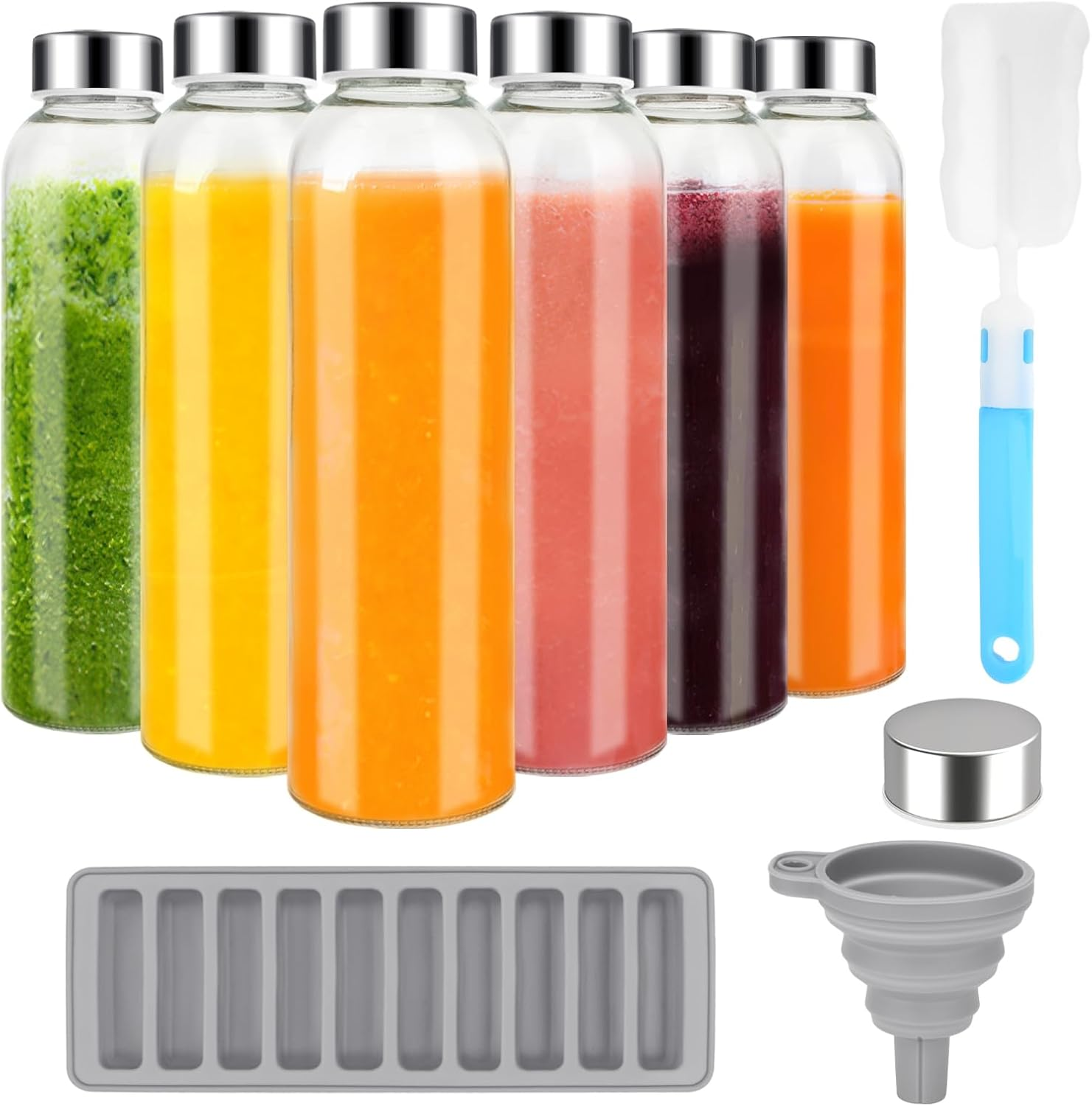 Zukro Glass Water Bottles with Lids 18 Oz, 6 Pack Reusable Juice Bottles with Stainless Steel Airtight Cap for Juicing, Leak Proof Clear Drinking Jar Beverage Storage Container for Fridge, BPA Free