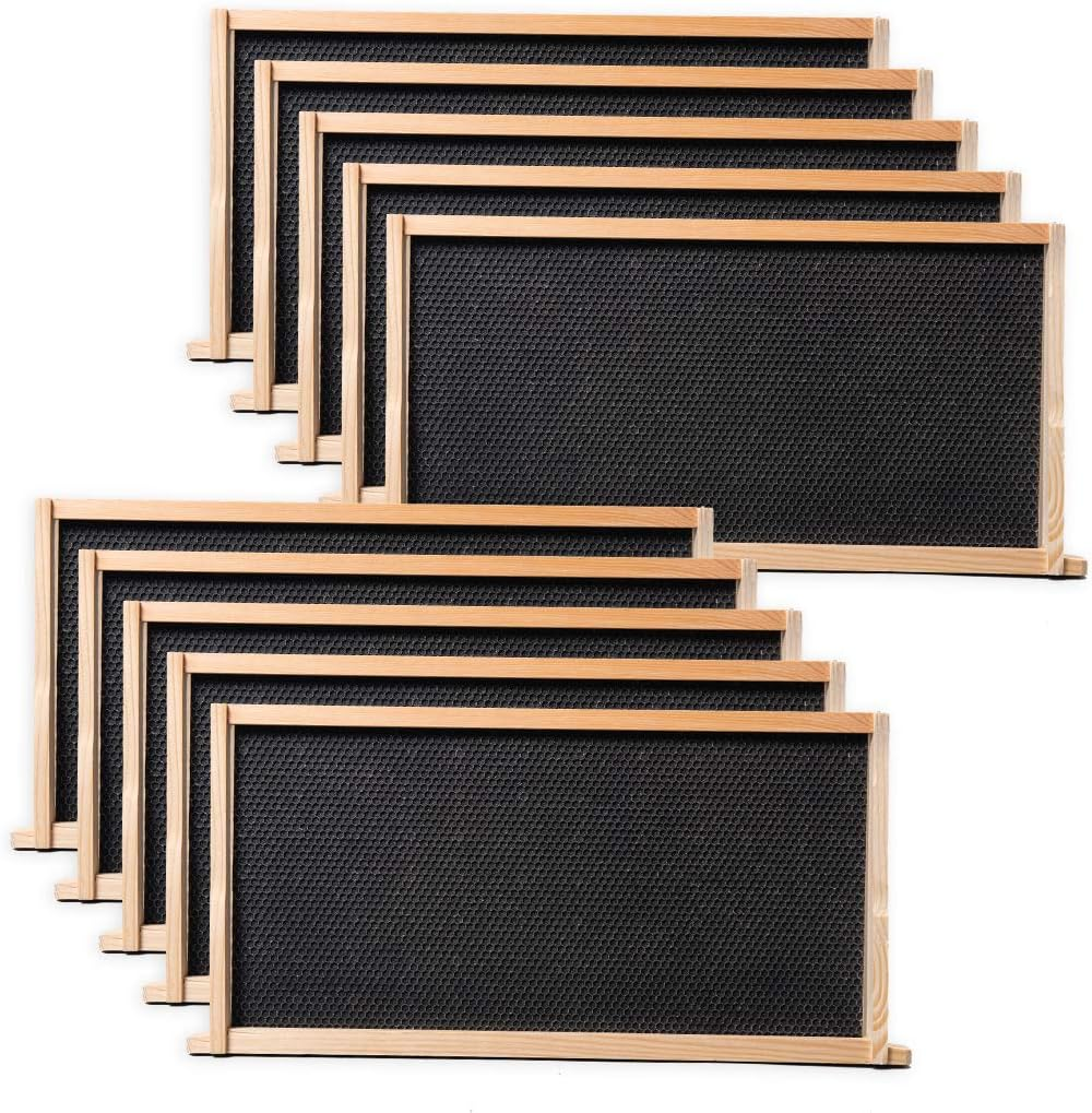 Beecastle 10 Pack Beehive Frames and Wax Foundations for Deep Brood Bee Hives with Wooden Bee Hive Frames and 100% Beeswax Coated Foundations, 9-1/8-Inch (Black)
