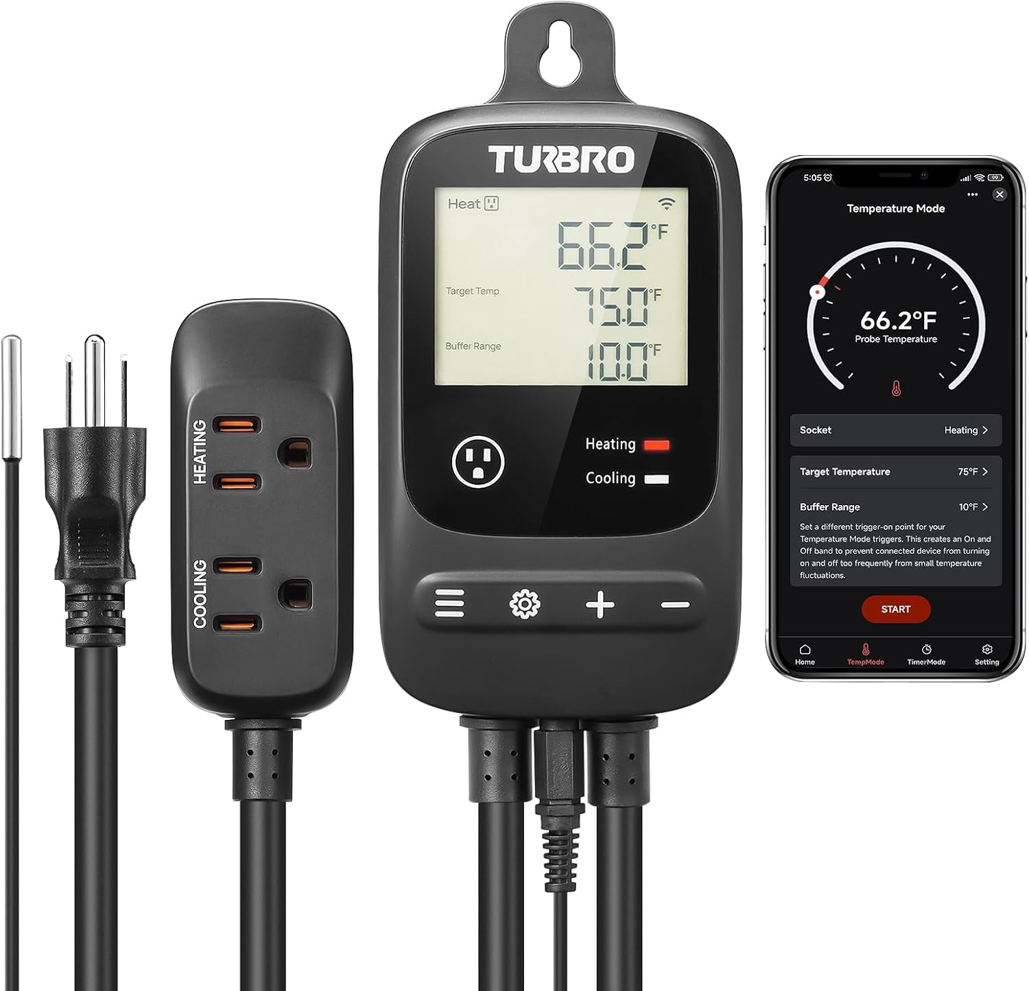 Smart Temperature Controller Heating Cooling, Wifi-Enabled Thermostat with Timer and Temperature Monitoring for Home Brewing, Seedling, Greenhouse, and Reptile Terrarium, TC01